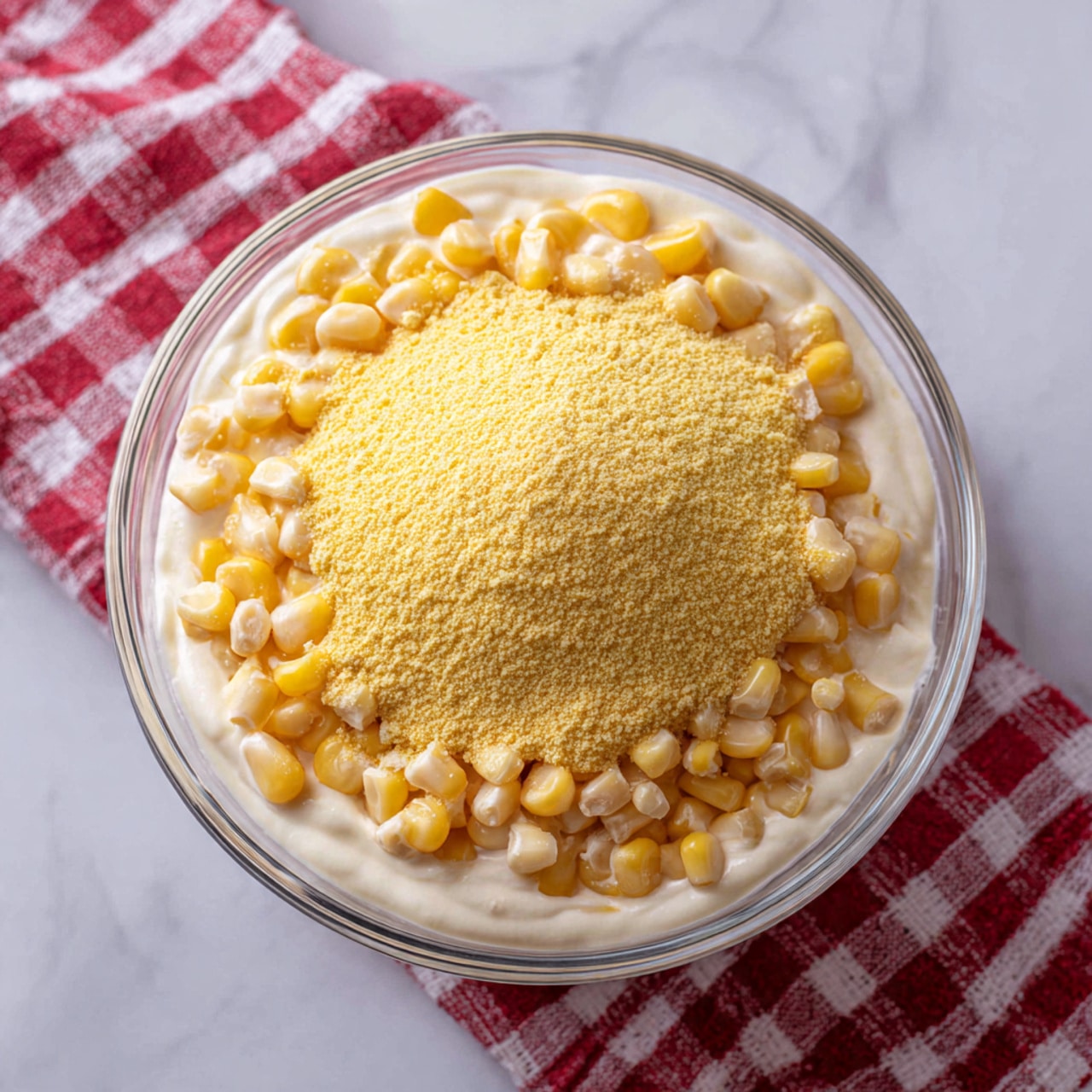 In a clear glass bowl, there is a layered mix starting with a creamy white and yellow layer made of whole corn kernels and white creamy texture around them. On top, there is a thick layer of fine yellow cornmeal powder spread in a small mound at the center. The bowl is placed on a white marbled surface and a red and white checkered cloth is partially visible in the background. Photo taken with an iphone --ar 4:5 --v 7