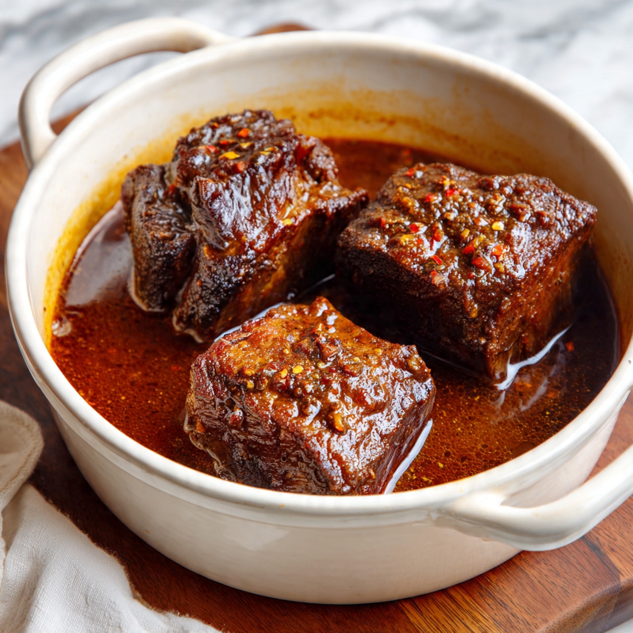 A white ceramic pot filled with three large pieces of dark brown roasted meat soaking in a shiny, thick brown sauce. The meat appears tender with a slightly crispy texture on top and some visible spices. The sauce nearly covers the meat and looks rich and flavorful. The pot is sitting on a wooden table with a bit of a white cloth showing at the bottom edge. The background features a white marbled texture. photo taken with an iphone --ar 4:5 --v 7