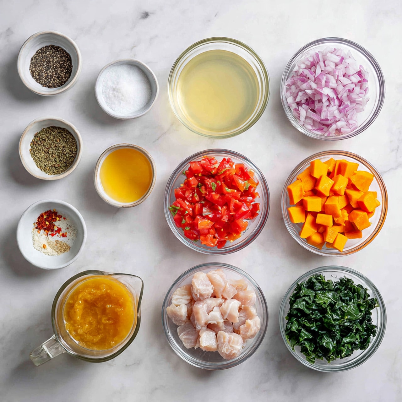 A collection of ten clear glass bowls and one small clear glass measuring cup are arranged neatly on a white marbled surface. From left to right, top row: a small bowl with coarse black pepper, a small bowl of white salt, a small measuring cup with a pale yellow liquid, a small bowl of finely chopped pale yellow ginger, a medium bowl filled with finely diced red onions, and a large measuring jug filled with light golden broth. Bottom row: a small bowl of finely chopped white garlic, a small bowl of red chili flakes, a medium bowl of bright red diced tomatoes with juice, a medium bowl of raw diced light pink chicken pieces, a small bowl of thick golden paste, a medium bowl of bright orange cubed sweet potatoes, and a medium bowl of dark green roughly chopped leafy greens. photo taken with an iphone --ar 4:5 --v 7