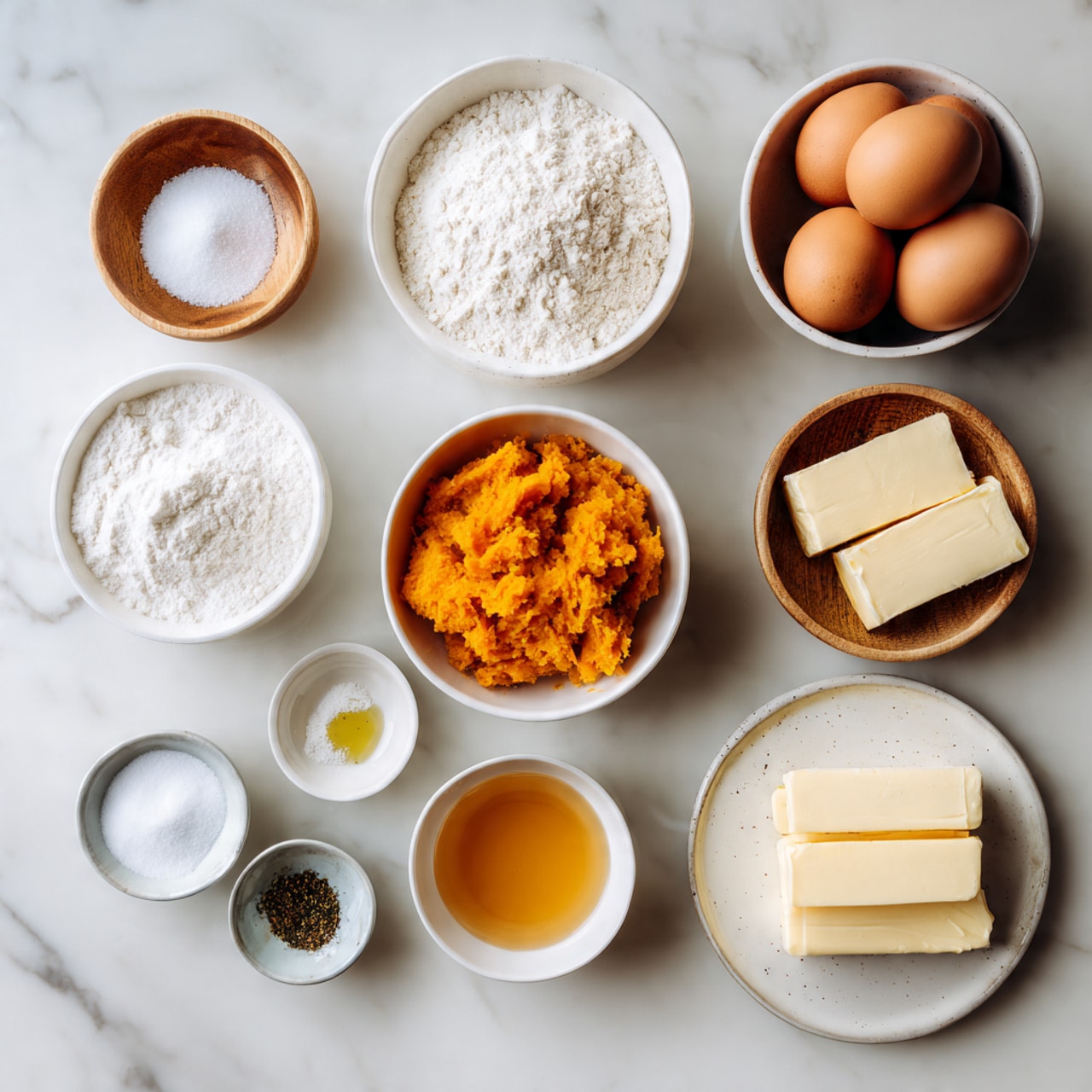 The image shows a wooden table with nine white bowls and plates arranged neatly, each holding different baking ingredients. In the top row, from left to right, there are small amounts of salt and baking powder, followed by a large bowl of white flour. In the middle row, from left to right, a bowl of granulated sugar, a bowl with three brown eggs, a bowl filled with orange mashed pumpkin, and a small bowl of light brown liquid. In the bottom row, from left to right, there is a bowl with white sugar, a small bowl with clear oil, a small bowl with a dark spice, and a white plate holding two sticks of butter and a block of cream cheese. The setting is on a white marbled surface. photo taken with an iphone --ar 4:5 --v 7