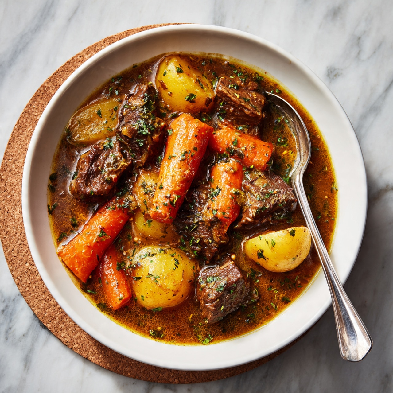 A white bowl filled with a thick stew containing chunks of dark brown meat and large pieces of orange carrots and lighter yellow potatoes. The stew is covered in a rich, brown sauce with small green herb sprinkles on top. Two metal spoons rest inside the bowl, mixing slightly with the food. The bowl sits on a light wooden table with two round cork mats placed behind it. The background surface is a white marbled texture. Photo taken with an iphone --ar 4:5 --v 7