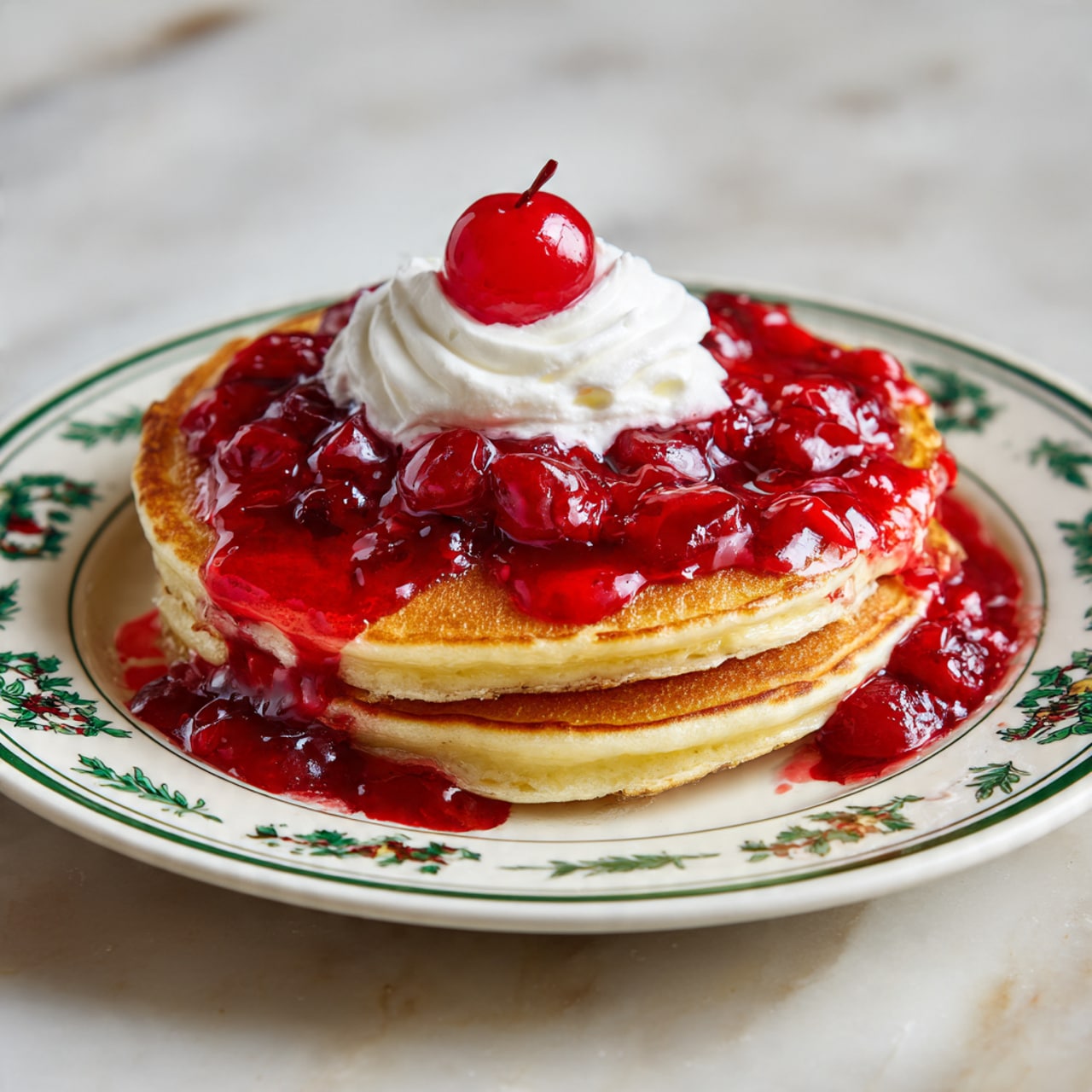 A stack of two golden brown pancakes sits in the center of a white plate with intricate green floral patterns around the rim. The pancakes are covered with a thick layer of bright red cherry sauce, which drips slightly over the edges, showing chunks of cherries mixed in. On top of the stack is a dollop of white cream with a single shiny red cherry placed neatly on the cream. The plate rests on a white marbled surface with a soft warm light highlighting the texture of the pancakes and the glossy sauce. Photo taken with an iphone --ar 4:5 --v 7