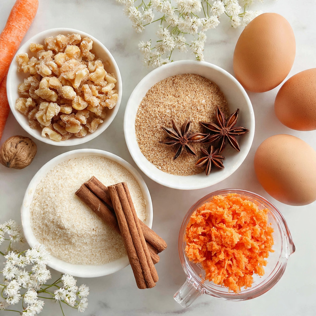 The image shows a group of small white bowls filled with cooking ingredients on a white marbled surface. One bowl has light brown sugar crystals packed in it. Another bowl contains pale chopped nuts. A third bowl is filled with a light brown powder topped with two cinnamon sticks and two star anise pieces. To the right, a clear glass measuring cup holds bright orange grated carrots. Soft white flowers and two brown eggs in a white bowl are in the background. The colors are warm and natural, and the items are arranged closely together. Photo taken with an iphone --ar 4:5 --v 7