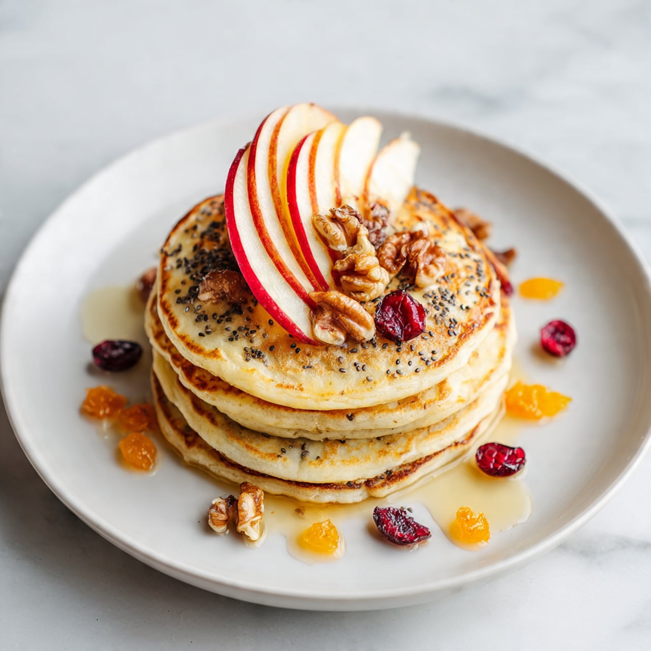 A stack of four golden-brown pancakes sits in the center of a white plate on a white marbled background. On top of the pancakes lies a fan of thin apple slices with red edges and white centers. Scattered over the pancakes and plate are pieces of walnuts, dried cranberries, and small orange dried fruit bits. Tiny black chia seeds are sprinkled over everything, and a light drizzle of honey glistens on the pancakes and toppings. The whole scene looks fresh and colorful with natural lighting, photo taken with an iphone --ar 4:5 --v 7