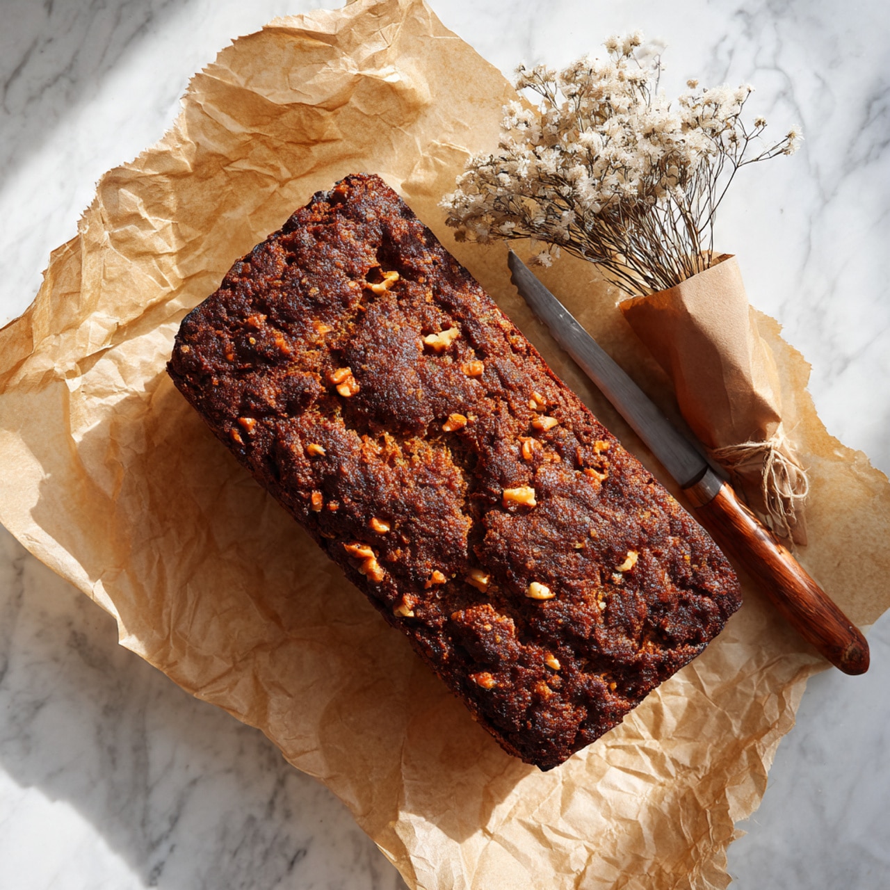A single rectangular loaf of dark brown cake with a rough, crunchy texture sits on wrinkled parchment paper over a white marbled surface. The top layer is speckled with uneven chunks of nuts, adding a mix of light beige and golden tones against the rich brown crust. Beside the cake, there is a wooden-handled knife partially covered by the parchment, and a small bunch of dried white flowers wrapped in brown paper leans gently against the loaf. The lighting highlights the roughness and color contrast of the cake’s surface. photo taken with an iphone --ar 4:5 --v 7