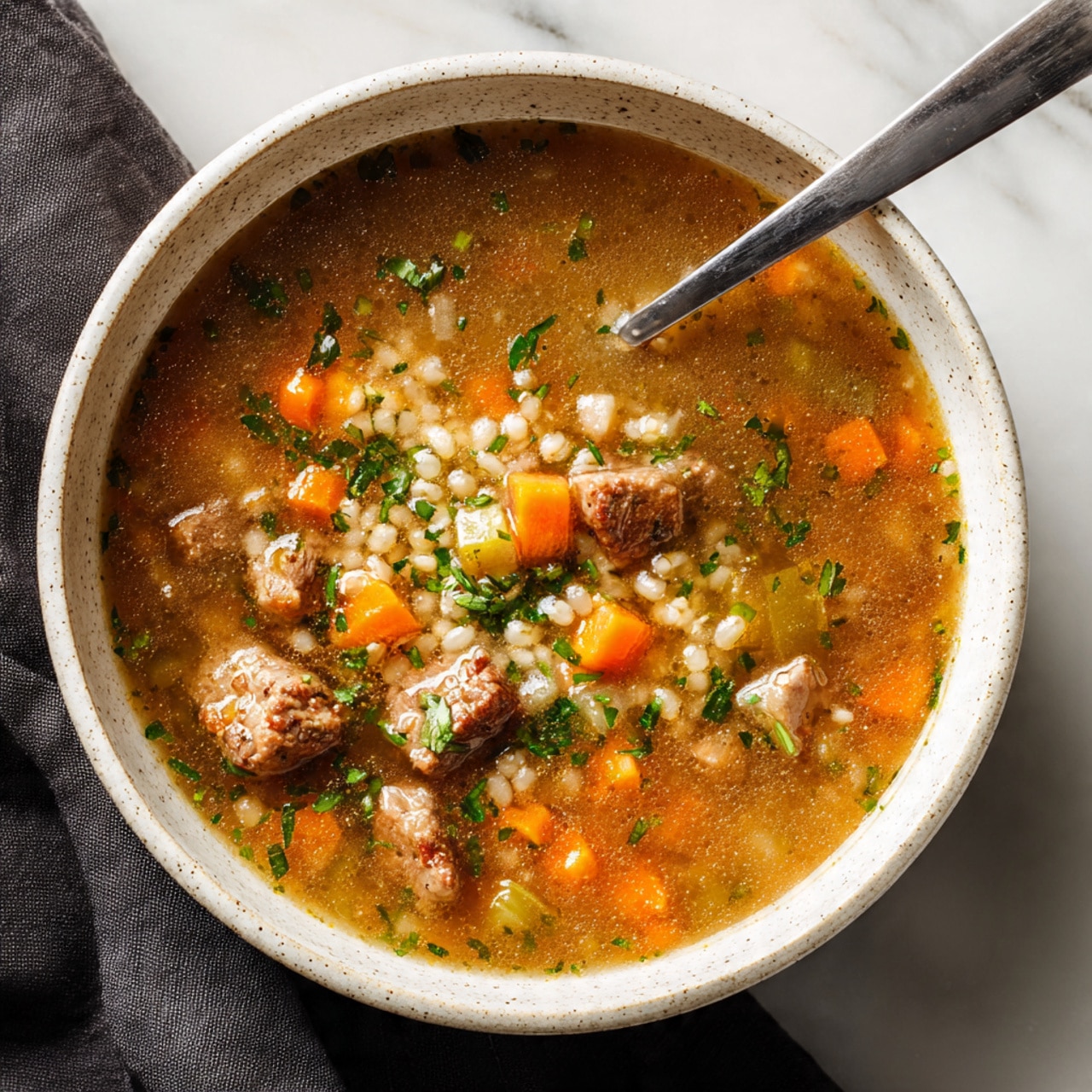 A white speckled bowl filled with a hearty soup sitting on a white marbled surface covered partially with a dark cloth. The soup has a clear brown broth layered with chunks of tender brown meat, small diced orange carrots, translucent celery pieces, and grains resembling barley scattered throughout. Green herbs are sprinkled on top adding a fresh touch. A silver spoon rests inside the bowl on the right side, slightly submerged in the soup. photo taken with an iphone --ar 4:5 --v 7