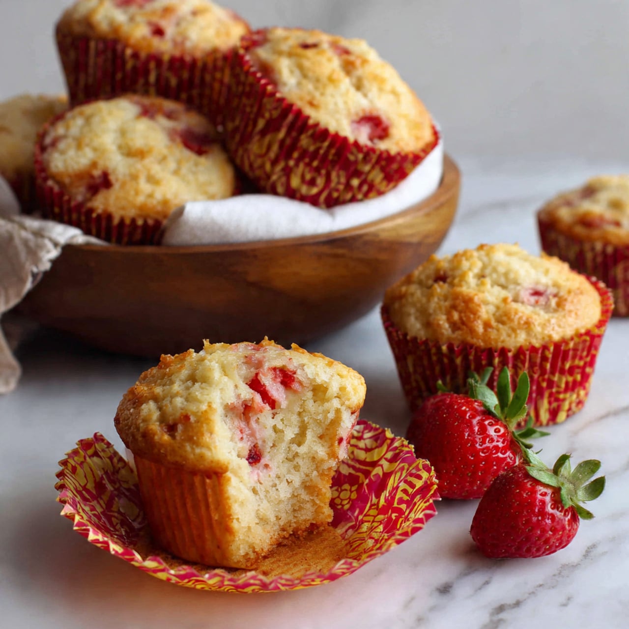 The image shows several strawberry muffins with a golden-brown textured top and pieces of red strawberries embedded within. One muffin in the front is partially unwrapped, revealing a soft golden inside with spotted red strawberry bits. Another whole muffin stands next to it, fully wrapped in a red and yellow patterned paper liner. Behind these, there is a wooden bowl filled with more muffins, lined with a white cloth. Two fresh whole strawberries with bright red skin and green leaves lie near the muffins on a white marbled surface. The focus is soft on the background, giving more attention to the front muffins. Photo taken with an iphone --ar 4:5 --v 7