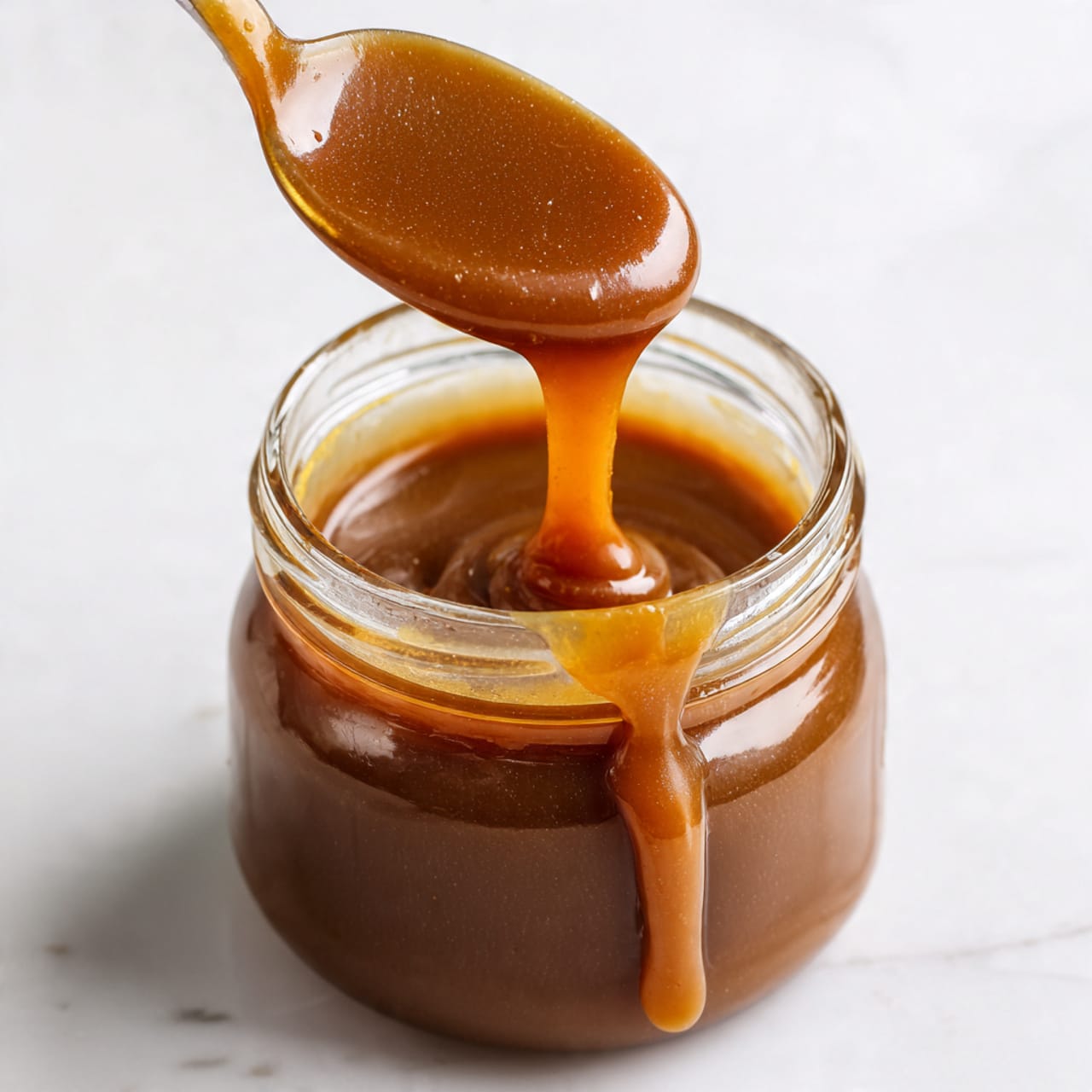 A clear glass jar filled almost to the top with thick, shiny caramel sauce in rich brown color sits on a white marbled surface. Above the jar, a spoon holds more of the caramel, flowing slowly in a smooth, glossy stream back into the jar. The caramel has a smooth texture with a warm, deep brown tone and slight highlights reflecting light. The background is bright white, making the caramel the main focus. photo taken with an iphone --ar 4:5 --v 7