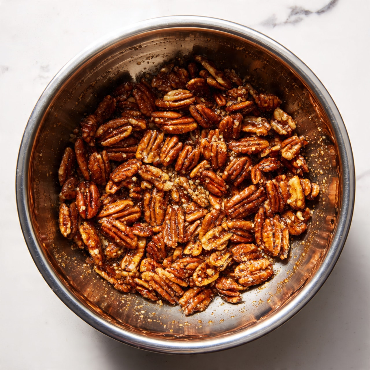 A large metal bowl filled with a single layer of pecans coated in a shiny, sticky brown sugar and spice mix. The pecans are roughly the same size with a textured surface and have an even cover of sweet, glossy syrup with small clumps of sugar and spices sticking to them. The inside of the bowl shows some streaks and crumbs from the coating mixture. The bowl is placed on a white marbled surface. Photo taken with an iphone --ar 4:5 --v 7