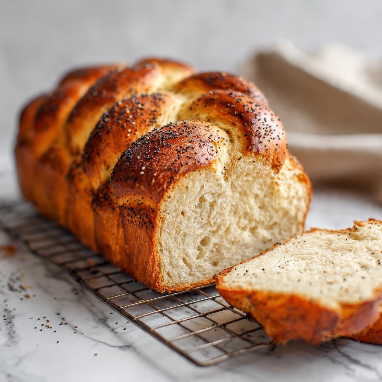 A braided loaf of bread is shown on a wire rack over a white marbled surface. The bread has a golden brown crust sprinkled with small black poppy seeds. One slice is cut from the loaf and placed in the front right side, showing a light, soft, and fluffy inside texture with a slightly dense crumb. The loaf is divided into multiple braided sections giving it a raised, layered look. Photo taken with an iphone --ar 4:5 --v 7