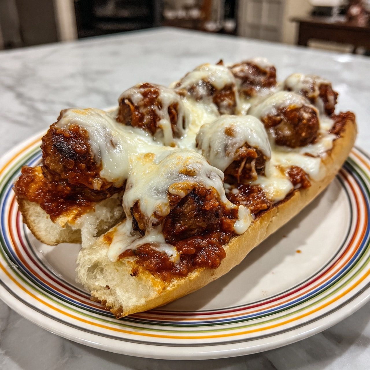 A white plate with colorful stripes holds a sandwich consisting of a long, slightly toasted bread roll split open to reveal a layer of chunky, dark red meat sauce topped with several round, browned meatballs. The meatballs are covered with melted white cheese that melts over their edges. The sandwich is placed on a white marbled surface. Photo taken with an iphone --ar 4:5 --v 7