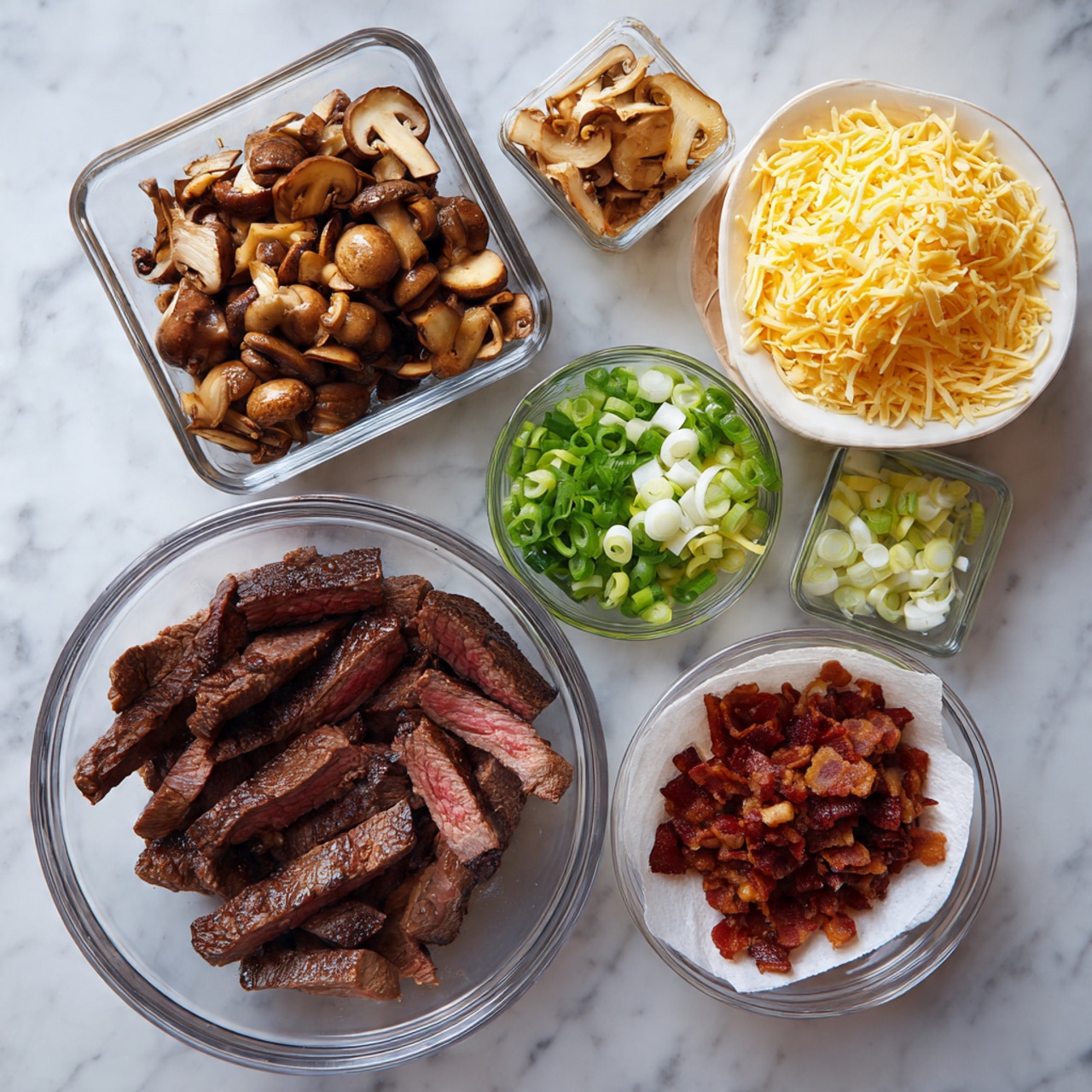 The image shows six separate containers of food ingredients placed on a white marbled surface. The largest clear glass bowl in the lower center contains thick slices and chunks of grilled steak with a dark sear outside and pink inside. Above it, a small clear plastic container holds browned grilled mushrooms with a slightly crispy texture. To the right, a round white plate is filled with a heap of shredded yellow cheese. Above the cheese, a clear glass bowl contains sliced green onions with white and light green parts. In the bottom right corner, another glass bowl lined with a paper towel is filled with small crispy bacon pieces. The colors of the ingredients are rich and natural, and the arrangement is casual but neat. Photo taken with an iphone --ar 4:5 --v 7