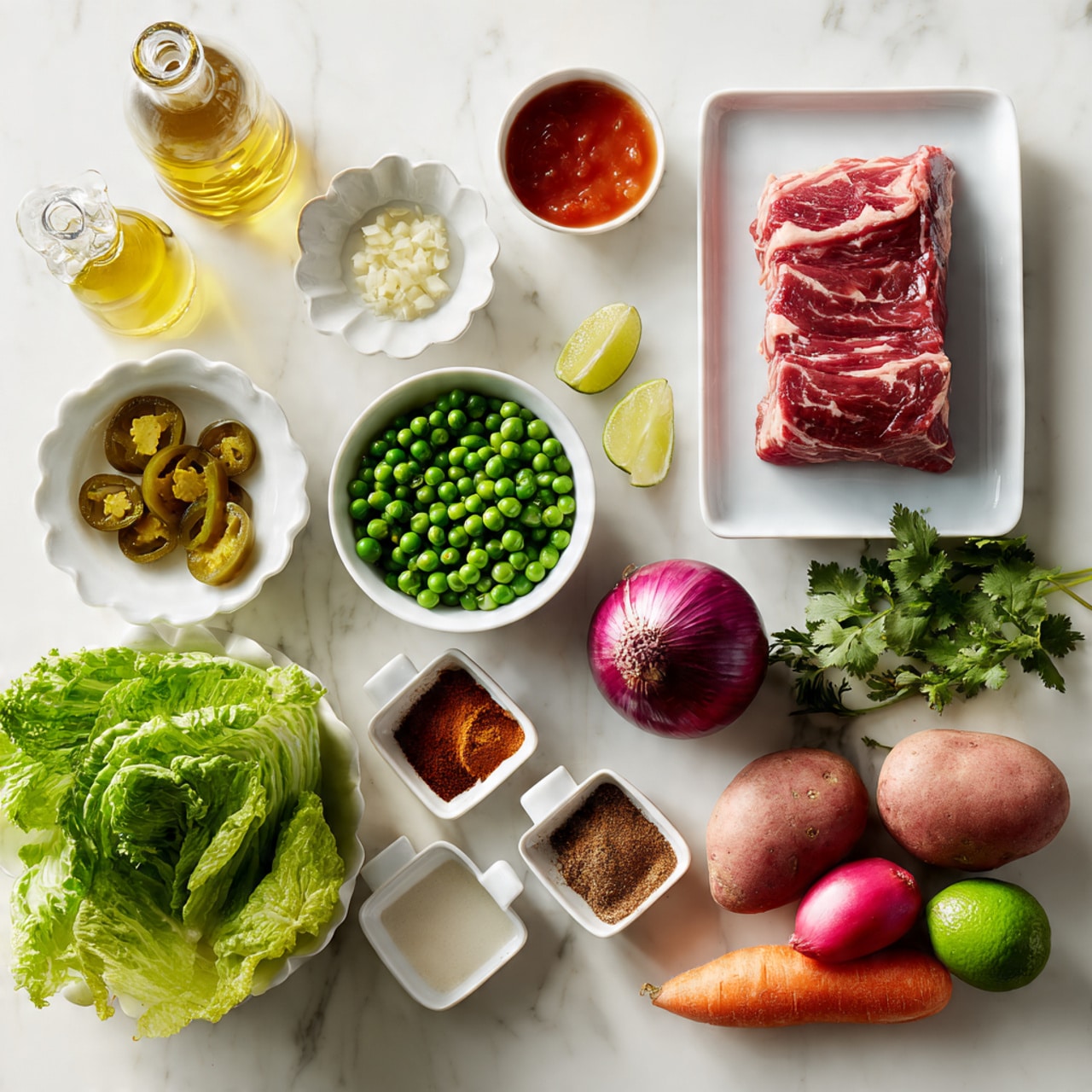 The image shows fresh ingredients neatly arranged on a white marbled surface. At the top right, a white rectangular plate holds a large piece of raw red meat with visible fat streaks. To the top left, there is a tall glass bottle of golden oil. Below it, a small white bowl contains red sauce, and next to it, another white bowl holds sliced pickled jalapeños. Below that, a larger white bowl is filled with frozen green peas. Near the center, a small white fluted bowl contains minced garlic, and a whole purple onion sits beside it. To the right, a narrow white dish displays three piles of spices in brown, reddish, and green tones. Near the center bottom, a few small white containers hold honey, soy sauce, and clear liquid. At the bottom left, a large green leafy romaine lettuce and a bunch of fresh cilantro rest next to two orange carrots. Nearby, three red potatoes and a dark green avocado are placed, with a whole lime and three red radishes to the right. The setting is brightly lit with soft natural light. photo taken with an iphone --ar 4:5 --v 7