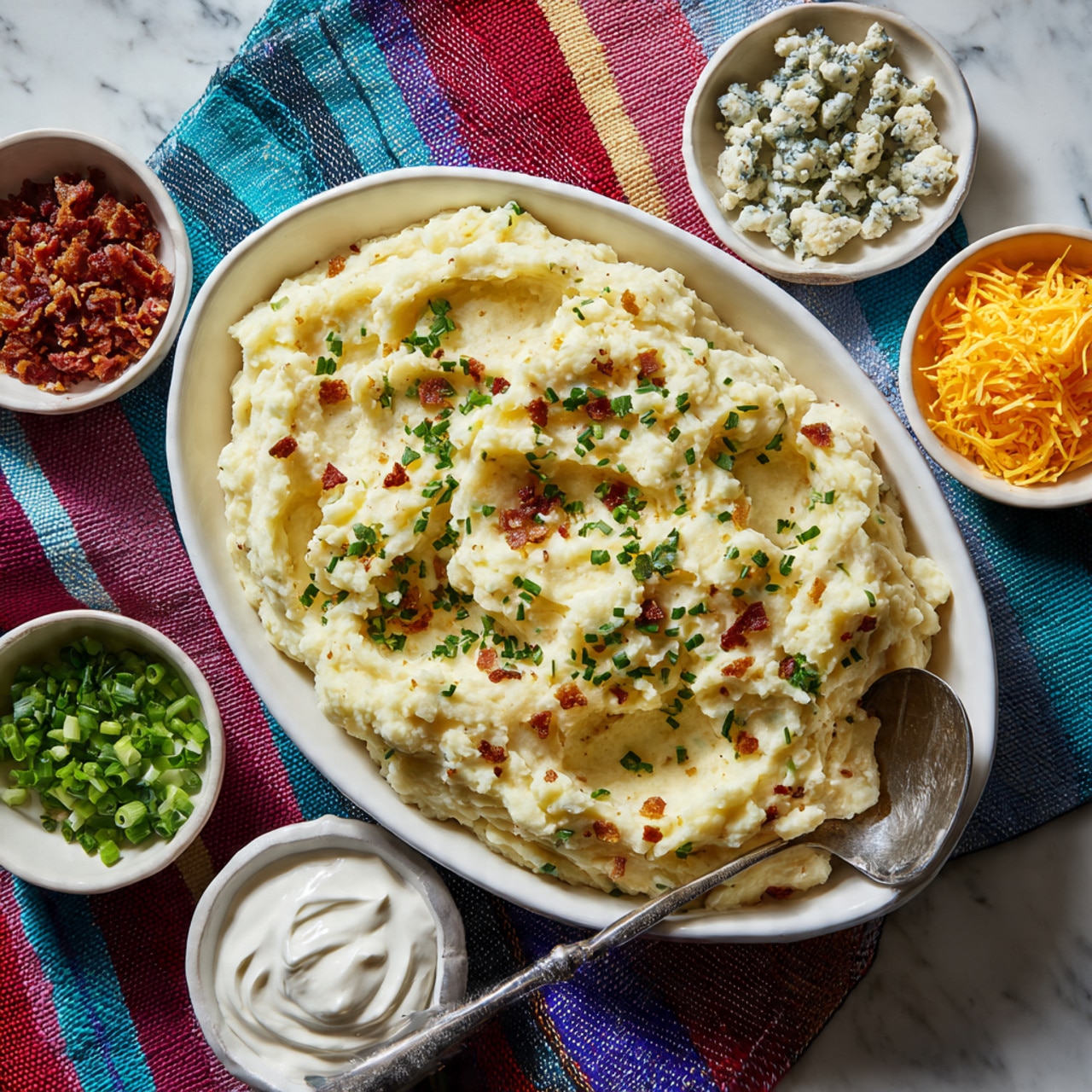 The image shows a close-up of a large oval white dish filled with creamy mashed potatoes with a slightly rough texture, sprinkled with green herbs on top. Around this main dish, there are five small white bowls containing finely shredded yellow cheese, light brown breadcrumbs, small red bacon bits, chopped green onions, and crumbled blue cheese. In the front, a small white bowl holds a dollop of sour cream with a silver spoon resting in it. A woman’s hand is holding a silver serving spoon inside the mashed potatoes dish. All items are placed on a colorful fabric with stripes, and the surface beneath everything is a white marbled texture. Photo taken with an iphone --ar 4:5 --v 7