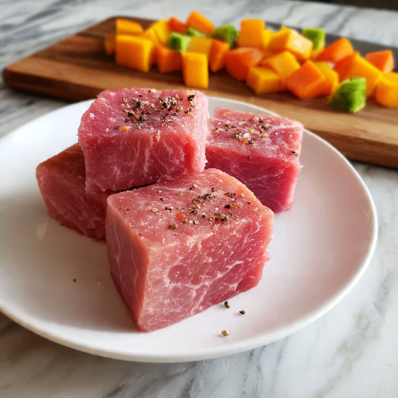 The image shows three thick, square pieces of raw meat with a pinkish-red color and small black pepper specks on top, arranged on a white plate. To the upper right of the plate, there is a wooden cutting board with small cubes of orange and green vegetables. The background is a white marbled surface. Photo taken with an iphone --ar 4:5 --v 7