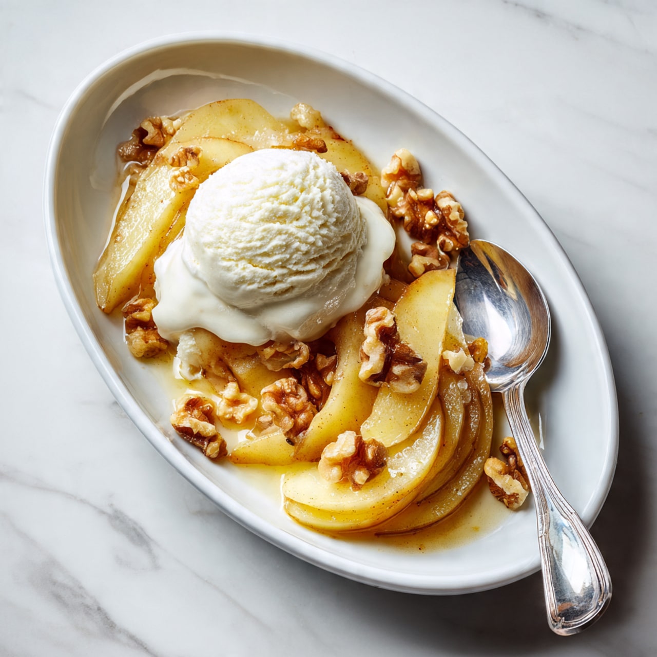 A white shallow dish holds golden-brown cooked apple slices layered over the bottom. A scoop of smooth, white ice cream sits on top, beginning to melt and spread slightly around the apples. Scattered over everything are small pieces of crunchy walnuts, adding texture contrast. A spoon with a shiny silver handle rests on the edge of the dish. The dish is placed on a white marbled surface. photo taken with an iphone --ar 4:5 --v 7