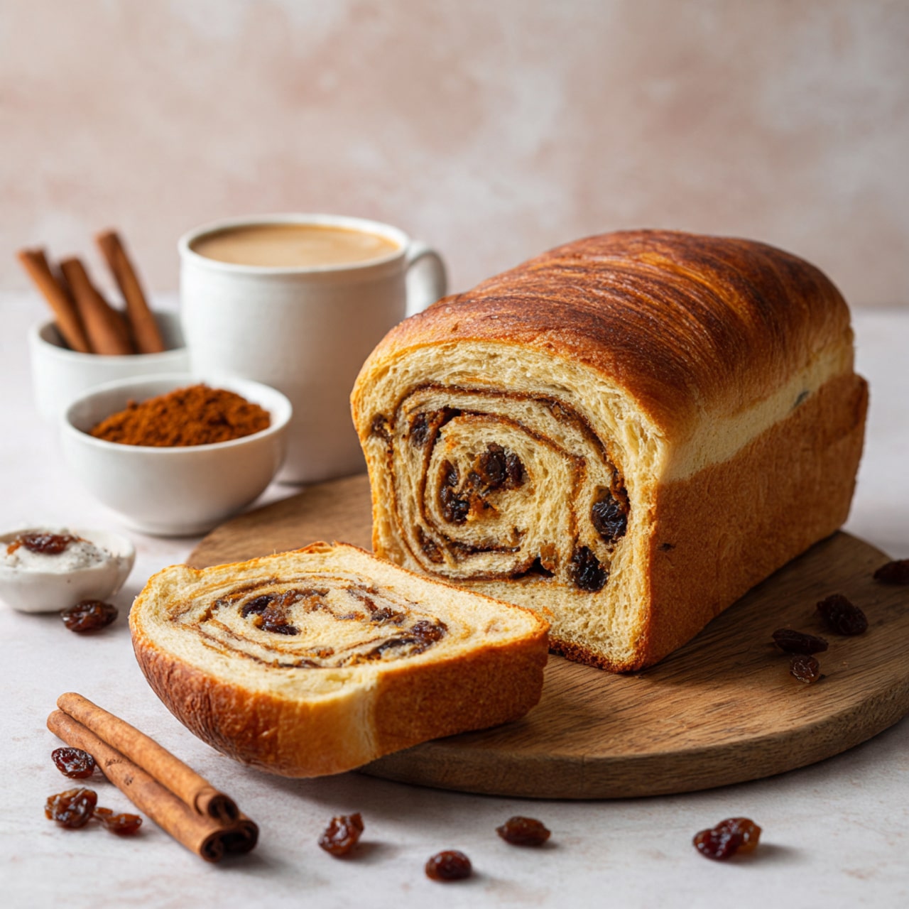 A loaf of golden-brown raisin bread with a thick, crisp crust and a soft, layered inside showing swirls of raisins and cinnamon. The loaf sits on a round wooden board with a single slice leaning against it to the right, displaying the same pattern inside. A few raisins are scattered around on the board and white marbled surface. In the background, there is a white ceramic mug with creamy coffee and two small white bowls, one holding cinnamon sticks. The setting is warm and cozy with soft lighting, photo taken with an iphone --ar 4:5 --v 7