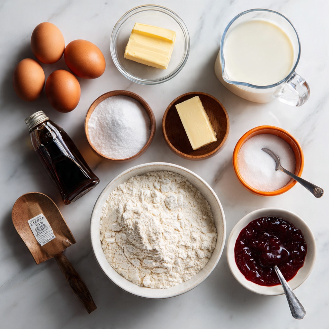 The image shows several baking ingredients arranged neatly on a white marbled surface. There are two brown eggs placed near a small glass bowl with a square piece of butter. A clear measuring cup filled with milk is positioned to the right. A small wooden bowl contains salt and is placed between a packet of instant yeast and a dark brown bottle of vanilla extract. A bright orange bowl holds white sugar, while a larger clear mixing bowl contains flour with a metal scoop resting inside. A white bowl with red jam and a spoon is positioned at the bottom right. All items are clearly visible with natural lighting, photo taken with an iphone --ar 4:5 --v 7