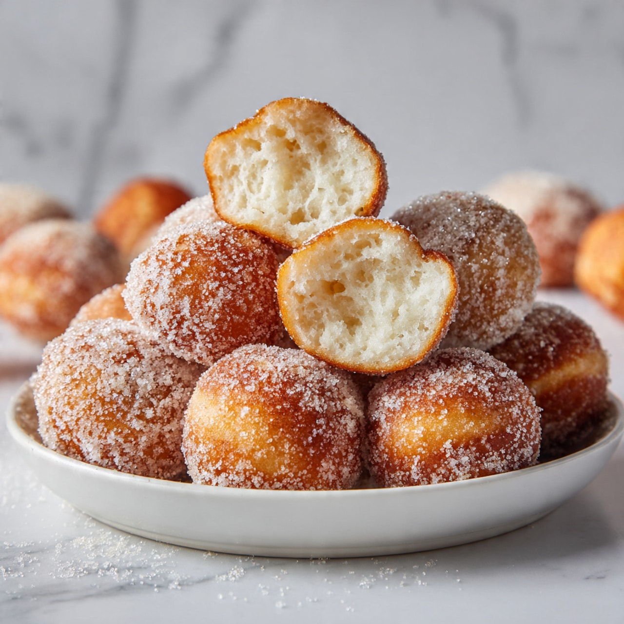 The image shows a white plate filled with small round doughnut balls covered with a sparkling layer of white sugar. Most of the doughnut balls are whole, golden brown with a slightly rough sugary texture on the outside. Two doughnut balls are split open and placed on top, showing a soft, light, and fluffy off-white inside with an airy texture. The plate is sitting on a white marbled surface with some doughnut balls blurred in the background. Photo taken with an iphone --ar 4:5 --v 7
