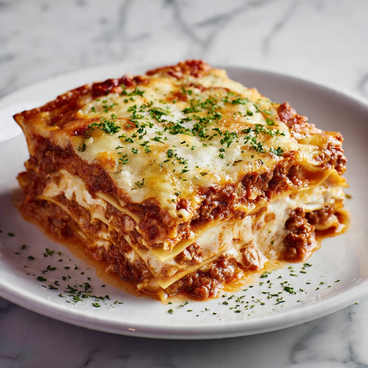 A square piece of lasagna sits in the center of a white plate on a white marbled surface. The lasagna has multiple layers, with golden-brown melted cheese on top sprinkled with chopped green herbs. Below the cheese is a rich, red tomato sauce mixed with browned bits of meat, followed by thick pasta sheets with creamy white sauce layers in between. The edges are slightly browned, showing the baked texture, and there are small sprinkles of herbs around the plate. Photo taken with an iphone --ar 4:5 --v 7