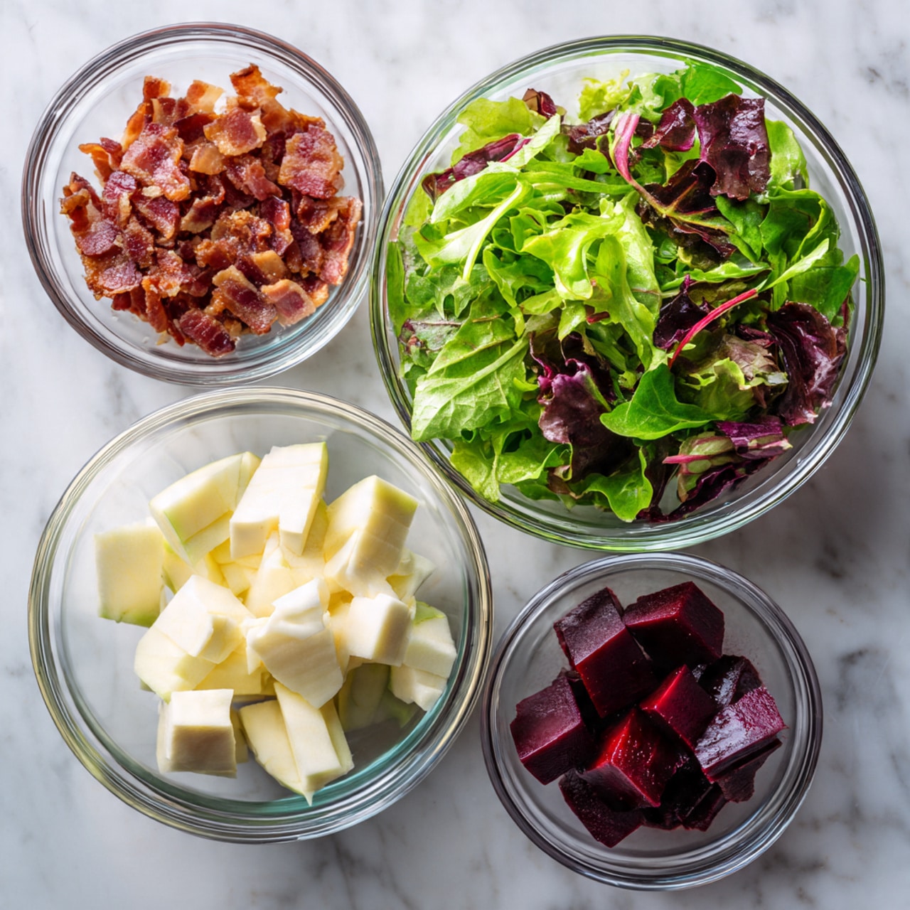 A clear glass bowl filled with bright green and purple mixed leafy salad sits on a white marbled surface. Around it, four small clear glass bowls are arranged: one contains thin crispy bacon bits in reddish brown, another has white soft cheese cubes, the third holds thin pale yellow slices of apple, and the fourth has dark red chunks of beetroot. The bowls have neat, smooth textures and are evenly spaced. Photo taken with an iphone --ar 4:5 --v 7