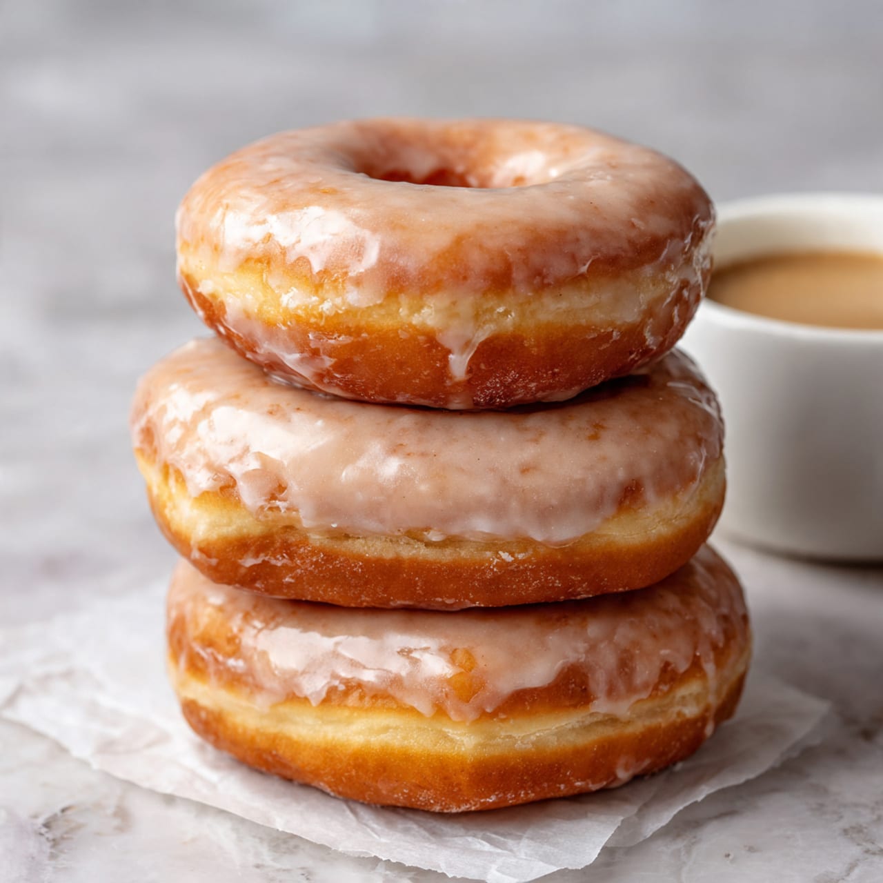 Three rectangular glazed doughnuts are stacked neatly on top of each other on a piece of parchment paper. Each doughnut has a shiny, smooth, light brown glaze covering it completely, giving them a slightly wet look. The doughnuts look soft and fluffy with a slight golden color peeking through under the glaze. In the background, a small white bowl with light brown coffee or sauce is visible. The surface beneath everything is a white marbled texture. photo taken with an iphone --ar 4:5 --v 7