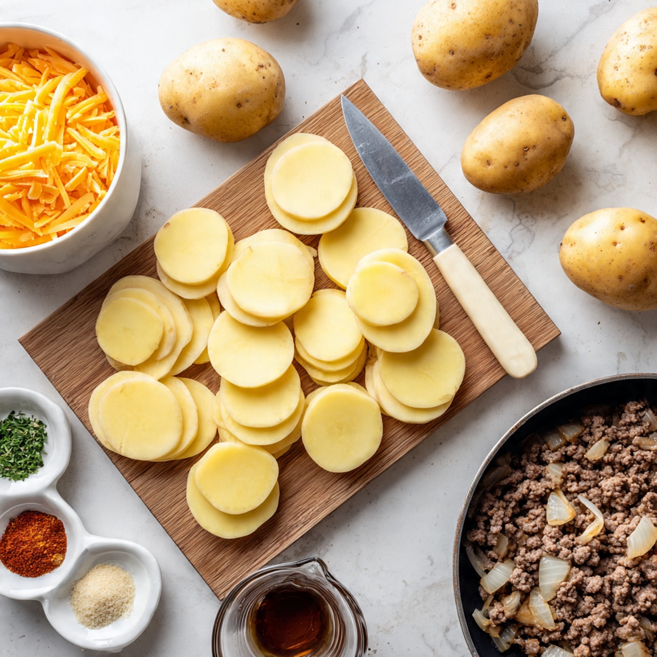 The image shows a wooden cutting board in the center with thin, round slices of light yellow potatoes laid out in neat rows. Whole, unpeeled light yellow potatoes are scattered around the board on a white marbled textured surface. A large old knife with a beige handle rests on the cutting board on the right side. To the top left, a white bowl filled with shredded orange cheese is visible. At the bottom left, a small white plate holds three different spices: light beige powder, chopped green herbs, and a red powder. Below the plate is a clear measuring cup with a dark liquid inside. At the bottom right, a black skillet contains cooked ground meat mixed with small pieces of translucent onions. Photo taken with an iphone --ar 4:5 --v 7