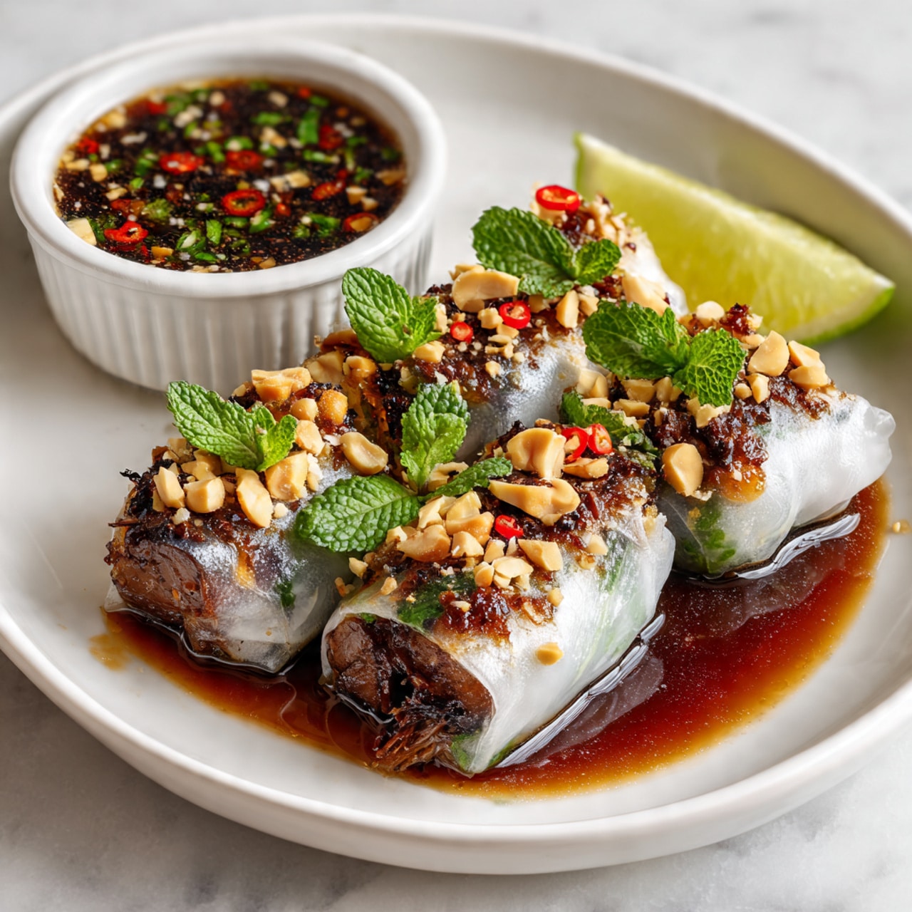The image shows a white plate with four fresh spring rolls wrapped in translucent rice paper, revealing a filling of dark brown cooked meat and green herbs inside. The rolls are topped with chopped nuts, small pieces of red chili, and fresh mint leaves. A pool of dark brown sauce surrounds the base of the rolls, adding shine and moisture. On the side of the plate, there is a white ramekin filled with a dark dipping sauce speckled with red chili, green herbs, and garlic bits. A wedge of lime with green skin and white flesh rests at the far edge of the plate on a white marbled surface. The lighting highlights the fresh textures and vibrant colors well. photo taken with an iphone --ar 4:5 --v 7