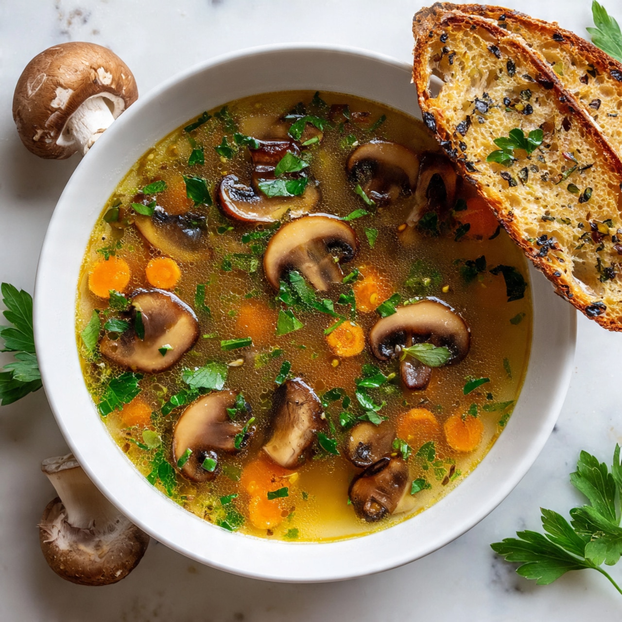 A white bowl filled with mushroom soup showing slices of brown mushrooms and small pieces of orange carrots floating in a clear broth. The soup has fresh green parsley leaves on top, adding a fresh touch. Two pieces of toasted bread with seeds lean inside the bowl on one side. The bowl rests on a white marbled surface with a whole mushroom and a sliced mushroom visible nearby, along with some green parsley leaves. Photo taken with an iphone --ar 4:5 --v 7