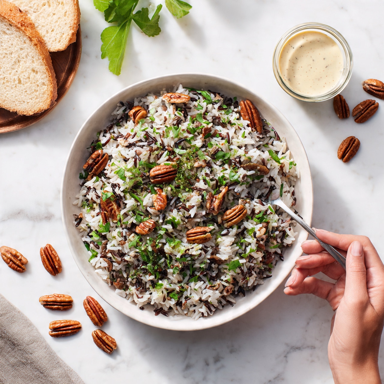 A white bowl filled with a layered rice salad. The bottom layer is a mix of white rice and small dark grains. On top, there are green chopped herbs scattered evenly, giving a fresh look. Small pecan nuts are spread both inside the bowl and around it on a white marbled surface. Next to the bowl, there is a small glass container of light creamy sauce with a spoon in it. A white woman’s hand is partially visible, holding the spoon inside the sauce. Slices of light brown bread and green leaves are placed on the top left side. The overall setting is bright and clean with a white marbled texture background. photo taken with an iphone --ar 4:5 --v 7