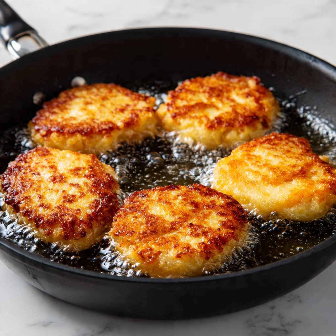Four round patties with a golden brown crispy outer layer sit on a white paper towel, which is absorbing oil, on a wooden board. The patties have a slightly uneven texture with some parts darker and crispier than others. The background is a white marbled texture. photo taken with an iphone --ar 4:5 --v 7