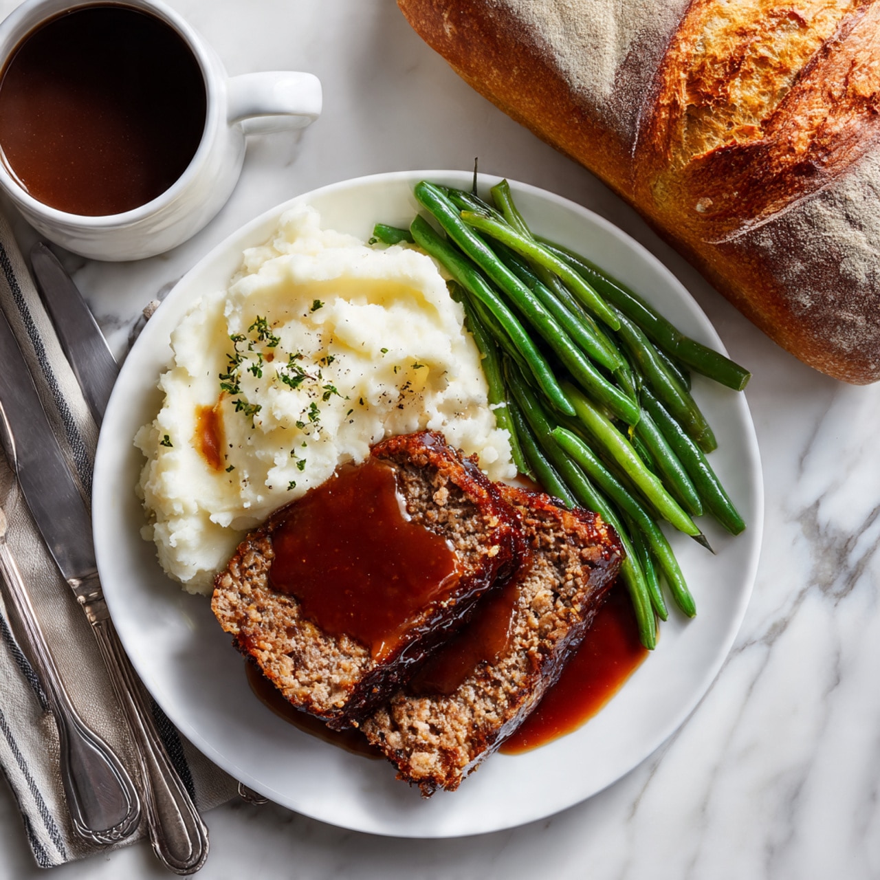 A white plate holds a meal with three clear layers: the bottom layer is a fluffy white mashed potato base with a smooth texture, the middle layer features two thick slices of brown meatloaf with a slightly rough, crumbly surface, and the top layer is a glossy, dark brown gravy poured over the meatloaf. On the side, there is a portion of green beans that look cooked but still firm, placed to the right of the meatloaf and mashed potatoes. Nearby, there is a round loaf of crusty bread with a light brown color and a paper wrapping, sitting on the white marbled surface. Also present are a white bowl full of mashed potatoes, a ceramic cup with dark brown gravy, and silver fork and spoon resting on the white marbled texture. Photo taken with an iphone --ar 4:5 --v 7