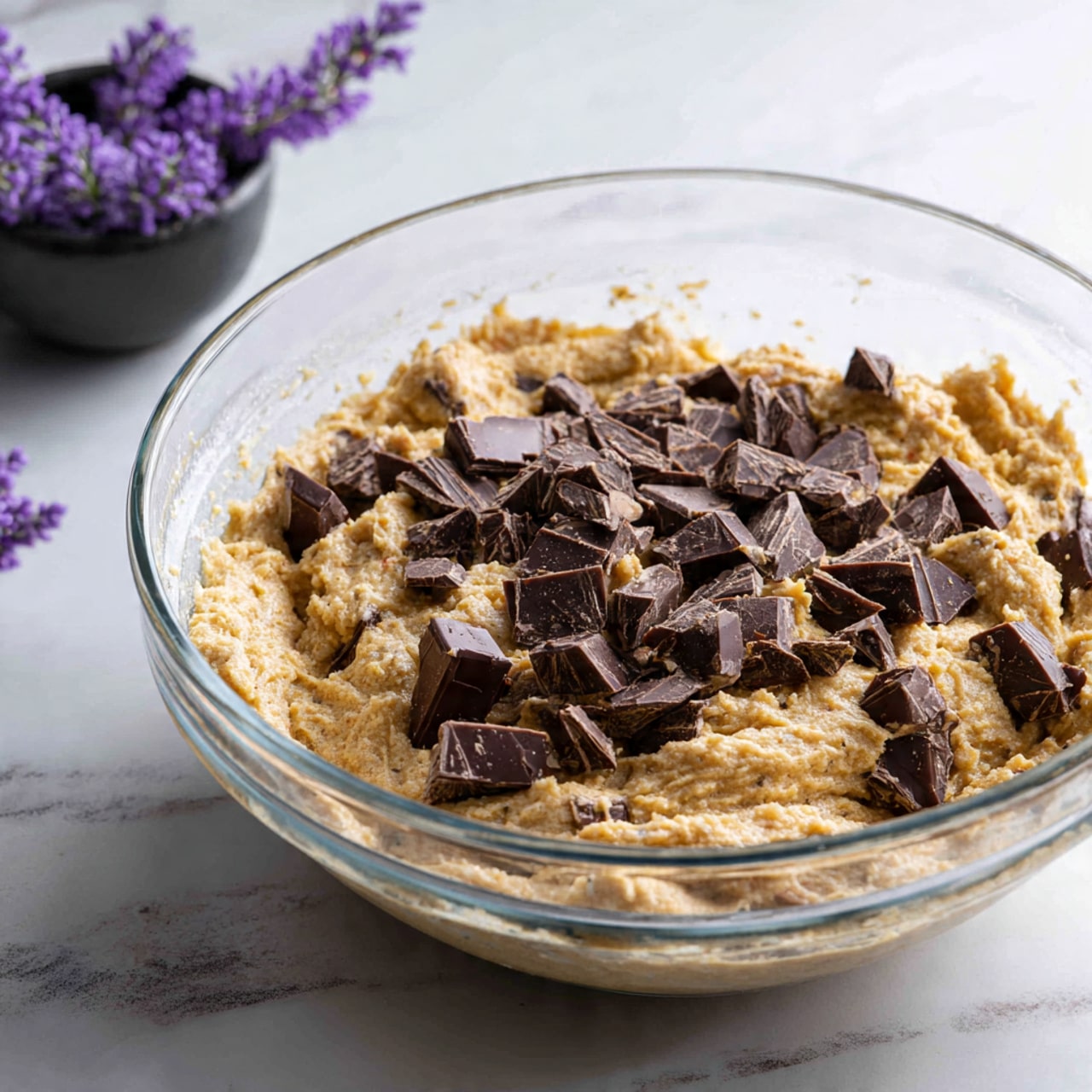 A clear glass bowl sits on a white marbled surface filled with light brown, thick batter mixed with chunks of dark brown chocolate pieces. The batter has a slightly lumpy texture, and the chocolate pieces are placed mostly on top, showing sharp edges and a shiny surface. In the background, a small black bowl holds purple flowers, providing a pop of color. The scene is lit with natural light, highlighting the texture of the batter and the glossiness of the chocolate. photo taken with an iphone --ar 4:5 --v 7