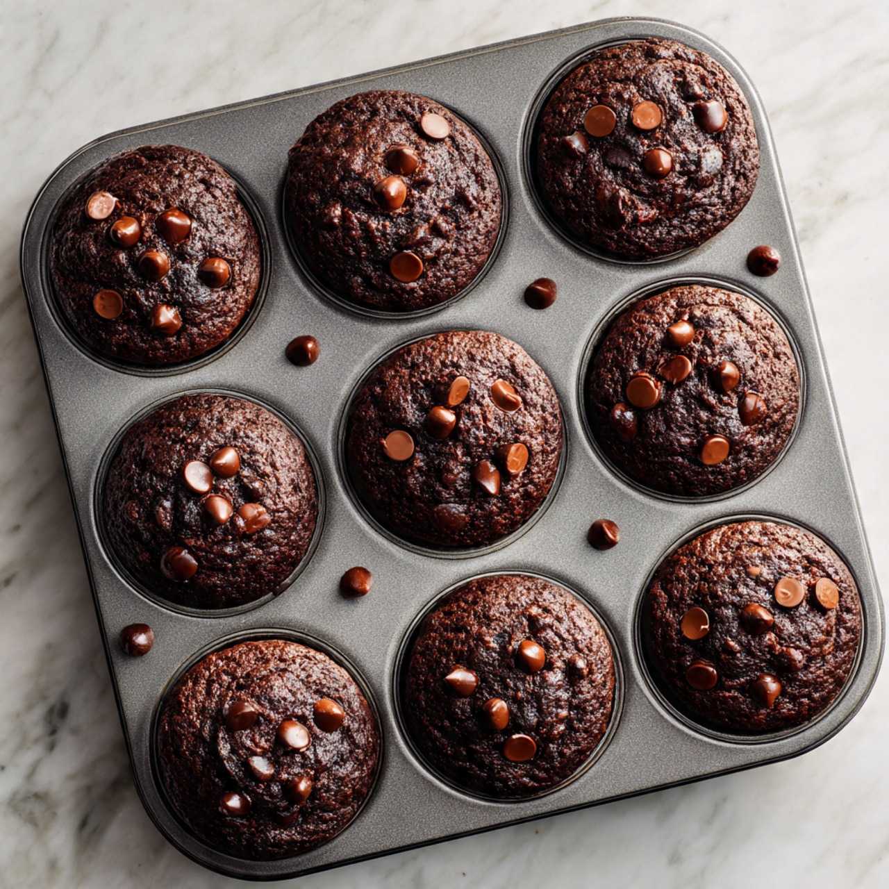A metal muffin pan holds twelve dark chocolate muffins in three rows of four, each muffin topped with several shiny chocolate chips. The muffins have a rough, slightly cracked surface showing a soft texture inside. The pan sits on a white marbled surface that contrasts with the rich dark brown color of the muffins. Photo taken with an iphone --ar 4:5 --v 7