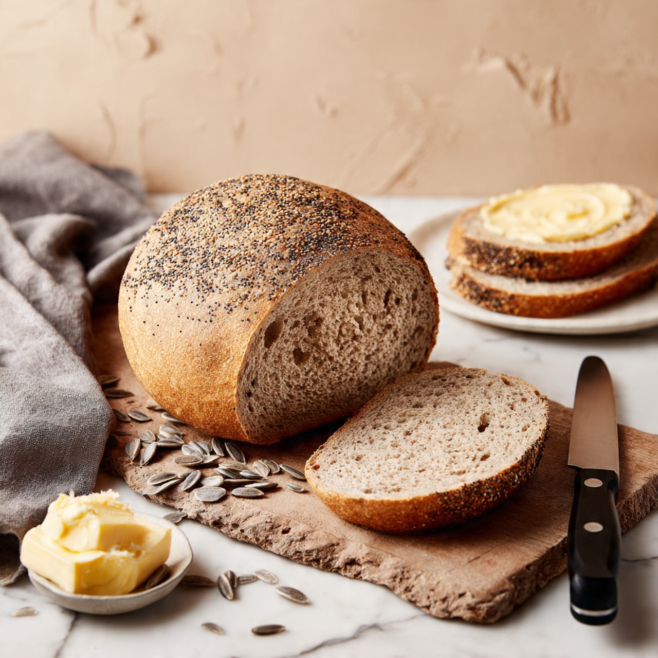 A round loaf of seed-topped bread sits on a wooden board with a rough texture. The bread is cut in half horizontally, showing a dense, grainy inside with a light brown color and small air holes. Around the loaf are scattered sunflower seeds. Two slices of the same bread are placed in the back on the white marbled surface. To the right, a white plate holds a slice of bread spread with creamy butter, and a black-handled knife lies next to it. In the front right corner, a small bowl contains soft butter. A gray cloth is draped casually on the left side of the board. The background is a soft tan color with a slightly rough look. Photo taken with an iphone --ar 4:5 --v 7