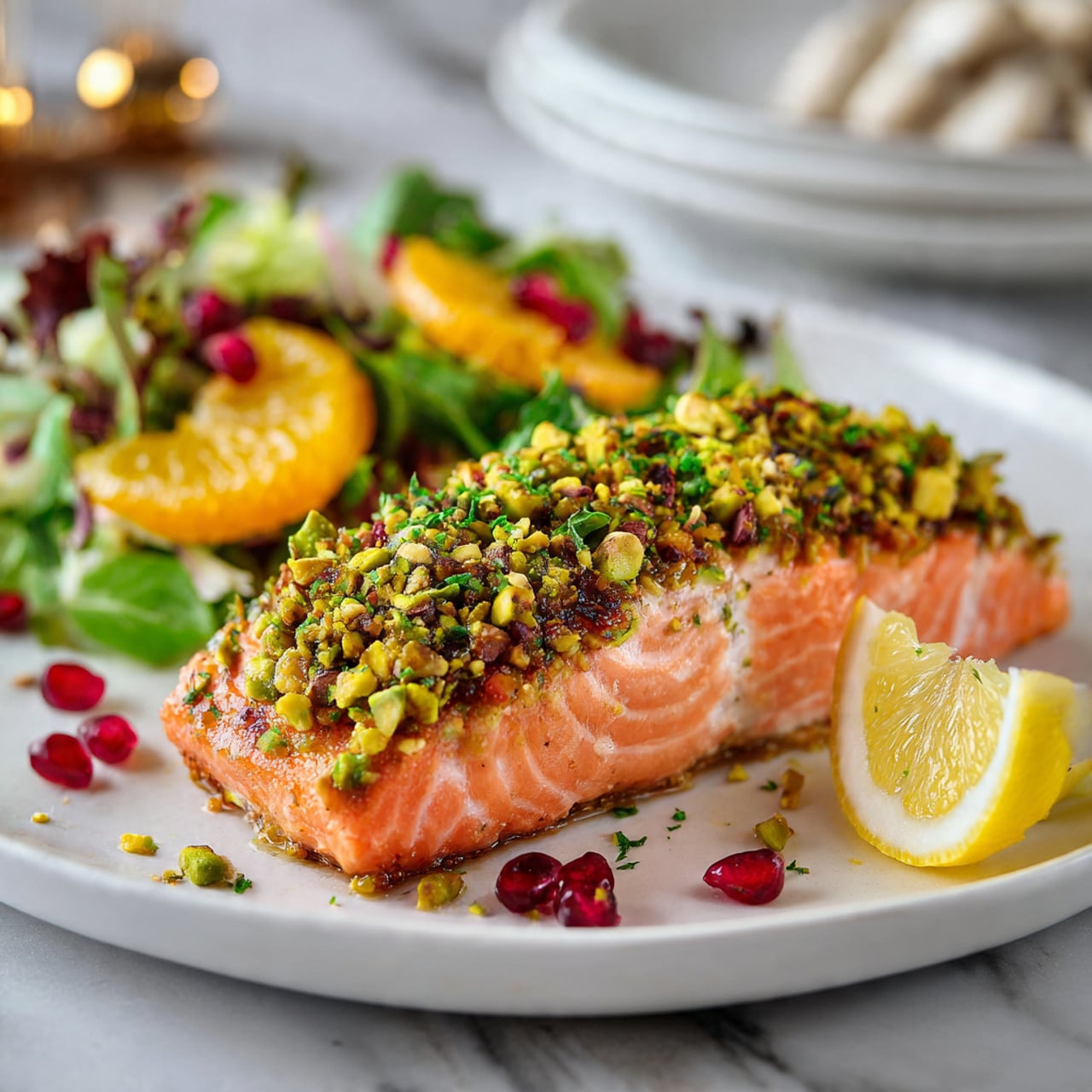 The image shows a piece of cooked salmon fillet topped with a layer of crushed green pistachios and herbs. The salmon looks moist with a bright orange-pink color. On the left side of the salmon, there is a small salad made of mixed green leaves, slices of orange, and red pomegranate seeds adding red and orange colors to the scene. There is a lemon wedge on the right edge of the white plate. The plate sits on a white marbled textured surface, with some bones and white plates blurred in the background. photo taken with an iphone --ar 4:5 --v 7