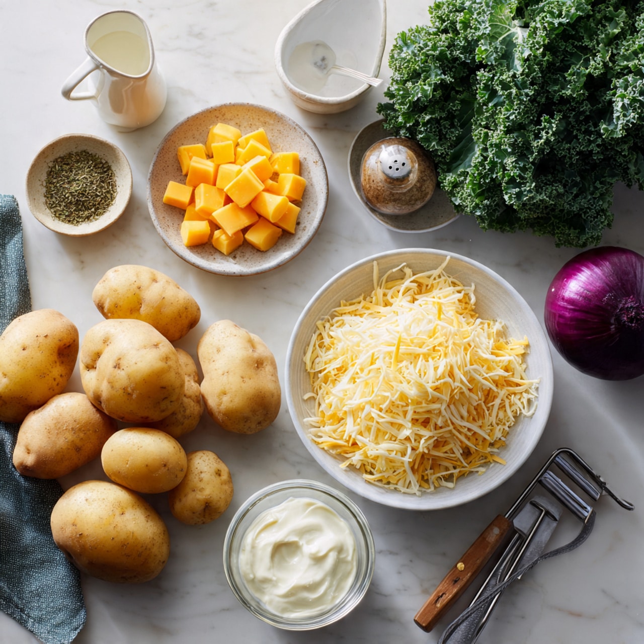 A white marble surface holds several ingredients arranged in a focused scene, including a cluster of light brown potatoes placed front-left, and a small bowl filled with bright yellow cheese cubes toward the back-center. A round white bowl nearby contains shredded cheddar cheese piled high with a few potatoes inside it, accompanied by a small round glass bowl of creamy white sour cream in the foreground. A medium purple onion sits next to a bunch of dark green curly kale that fills the upper right background. There are also seasoning shakers, a bowl of dried herbs with a greenish texture, and a small pitcher of white liquid beside a metal spatula and a peeler, all near a window with soft natural light coming through. Photo taken with an iphone --ar 4:5 --v 7