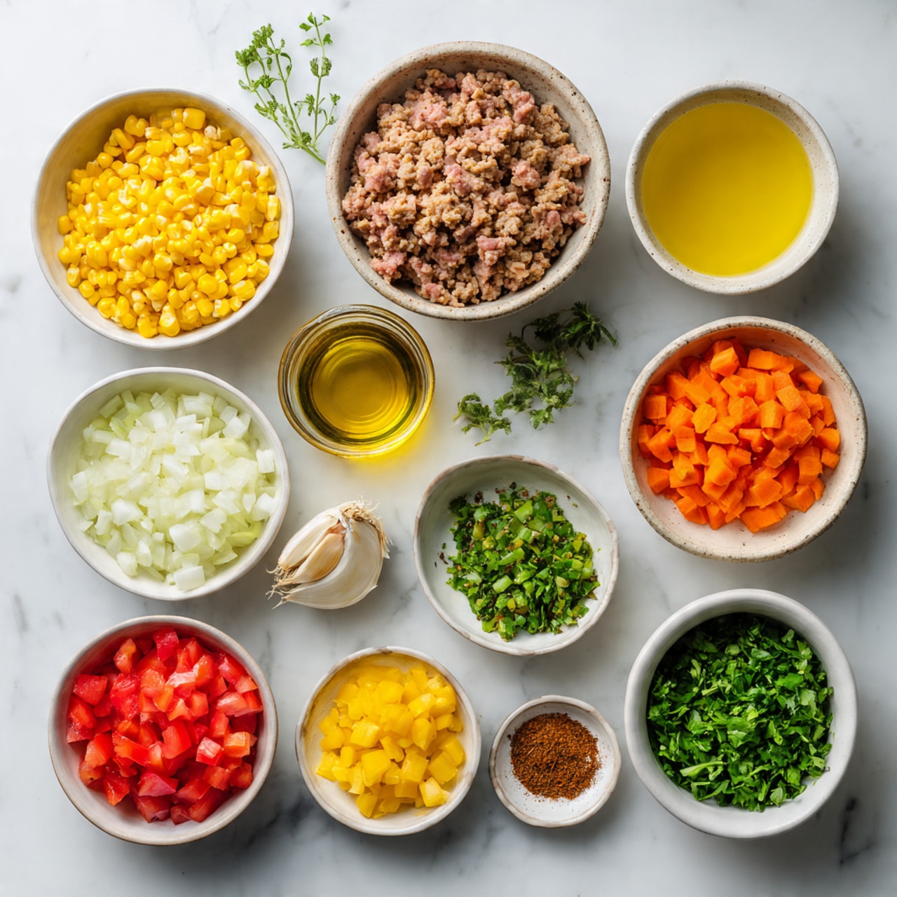 The image shows various ingredients neatly arranged on a white marbled surface. At the center is a bowl filled with ground meat, surrounded by small bowls containing bright yellow corn, chopped red tomatoes, chopped fresh green herbs, diced white onions, finely chopped orange carrots, sliced green peppers, minced garlic, and two small piles of brown spices. A larger bowl of light yellow broth is placed near the center, with a small jar of oil and a small bowl with yellow liquid nearby. Each ingredient is clearly visible with distinct colors and textures, all displayed in white bowls or dishes, creating a clean and organized look. Photo taken with an iphone --ar 4:5 --v 7
