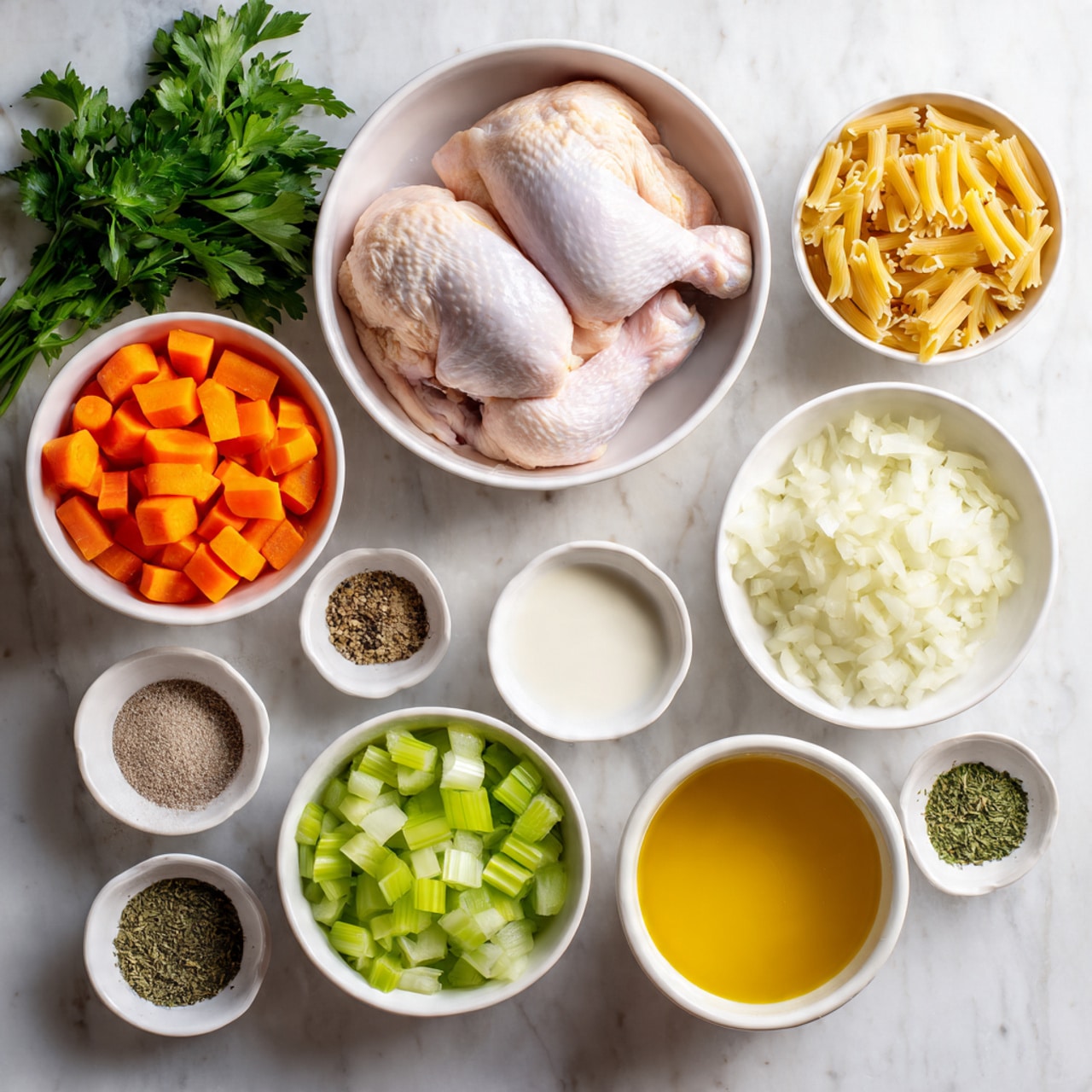The image shows all ingredients for a recipe placed on a white marbled surface. At the top center, there is a white bowl holding two raw chicken pieces with a pale pink color. Surrounding it are smaller white bowls filled with various ingredients: at the top right a smooth bright yellow sauce, just below it a bowl of chopped white onions, to the left a bowl filled with diced orange carrots, below that a bowl with light green celery pieces, and next to it a bowl of light brown broth. Toward the left side are bowls containing black pepper, dried herbs, white cream, and dry pasta in a middle position with a yellowish beige color. There is fresh green parsley placed at the top left and bottom right corners. The whole setting is clean, bright, and well-organized, photo taken with an iphone --ar 4:5 --v 7