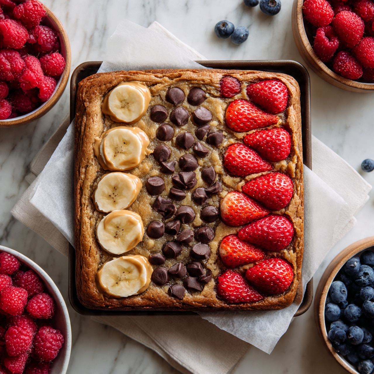 A rectangular baked dessert sits on white parchment paper over a dark tray with a light golden brown surface that is cracked in places. The dessert is divided into four sections by its toppings: the top left has round banana slices with light brown dollops of peanut butter, the top right has red strawberry slices with visible seeds and pale centers, the bottom left features whole raspberries scattered among small dark chocolate discs, and the bottom right is covered with small, round, dark purple blueberries arranged closely together. The scene is set on a white marbled surface with bowls of raspberries and blueberries nearby. photo taken with an iphone --ar 4:5 --v 7