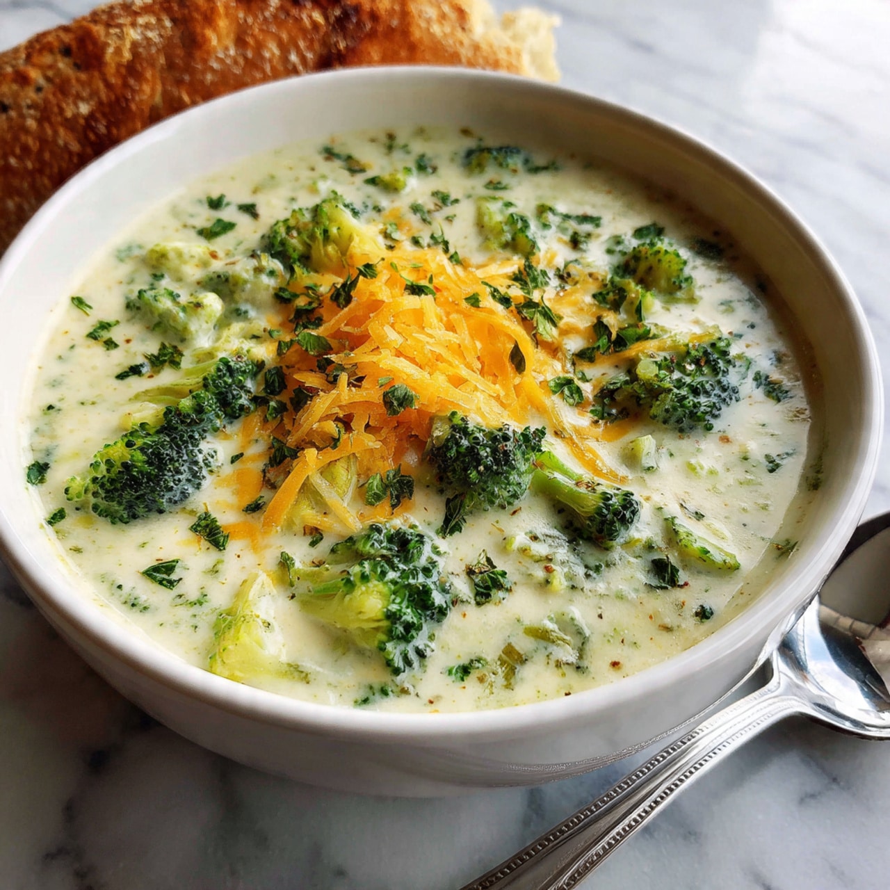 A white bowl filled with creamy soup showing small pieces of green broccoli mixed inside. The soup is topped with a layer of shredded bright orange cheese and small green herbs sprinkled on top. The bowl sits on a white marbled surface with a spoon beside it and a piece of bread partly visible in the background. Photo taken with an iphone --ar 4:5 --v 7