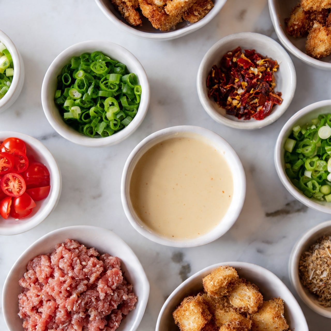 The image shows several small white bowls arranged on a white marbled surface, each holding different ingredients for cooking. One bowl contains ground meat with a pink and red texture, another has a smooth, creamy light yellow sauce in the center. Surrounding these are bowls with chopped green onions, sliced green jalapeño peppers, small red diced tomatoes, toasted brown crumbs, and light golden brown fried pieces, possibly chicken or tofu. A woman's hand is partially visible near the edge. The photo taken with an iphone --ar 4:5 --v 7