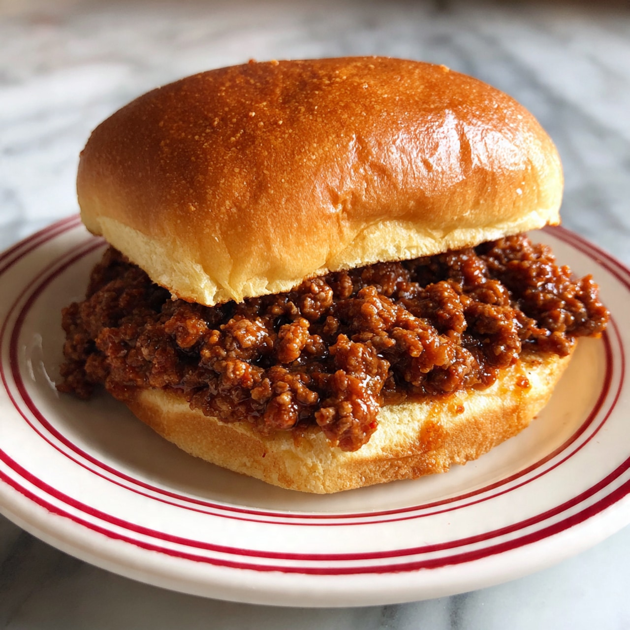 A sloppy joe sandwich with a soft, golden brown bun on a white plate with red stripes. The sandwich is open-faced showing thick, rich brown ground meat mixed with sauce piled high on the bottom bun. The top bun is placed slightly tilted, revealing the chunky meat filling inside. The plate sits on a white marbled surface. photo taken with an iphone --ar 4:5 --v 7