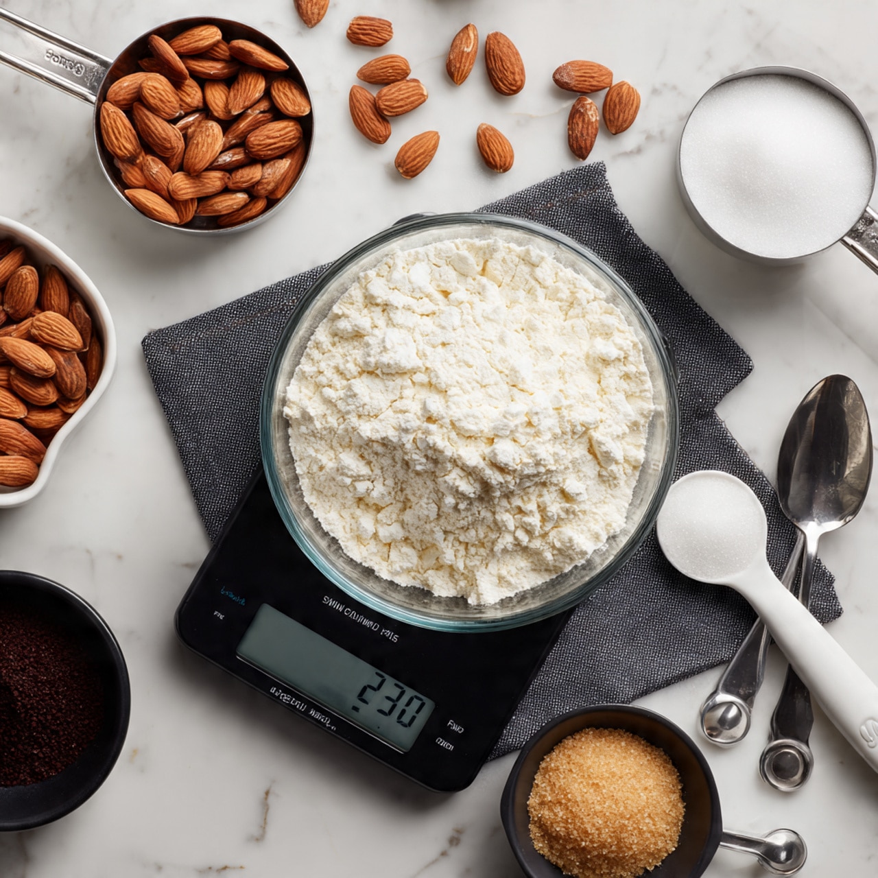 A clear glass bowl filled with white flour sits on a black digital scale showing 331.7 grams, surrounded by white measuring cups and spoons with silver handles placed on a dark gray cloth. There are whole almonds scattered near a metal measuring cup filled with almonds at the top left. A white measuring cup filled with white sugar is at the top right, next to a black spoon filled with light brown sugar. A small black bowl with dark brown sugar is located at the bottom left. All items are arranged on a white marbled surface. Photo taken with an iphone --ar 4:5 --v 7