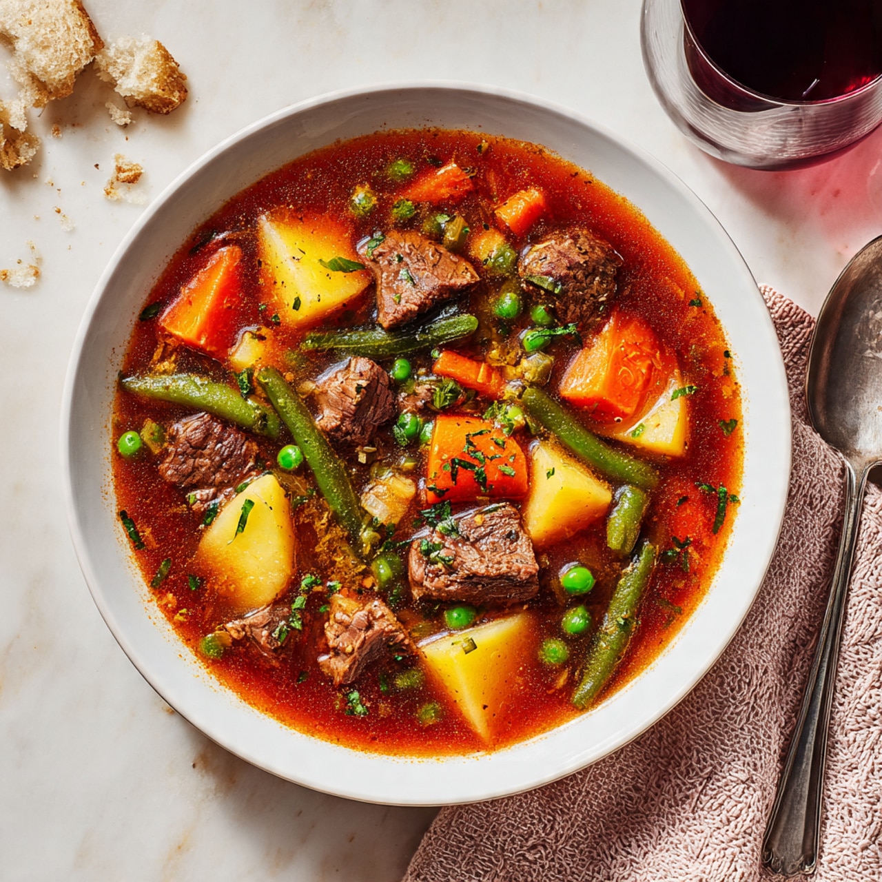 A white bowl is filled with hearty vegetable beef soup, showing several layers of different ingredients. The top layer has small pieces of chopped green herbs sprinkled over the soup. Just below, there are medium-sized chunks of brown beef, bright orange carrot pieces, yellow potato cubes, green peas, and green beans, all mixed in a rich reddish-brown broth. The soup has a slightly glossy texture with visible chunks floating evenly throughout. The bowl sits on a white marbled surface with some crumbs of bread nearby, a partial glass of dark red wine on the top right, and a silver spoon resting on a pale pink textured cloth to the bottom right. photo taken with an iphone --ar 4:5 --v 7