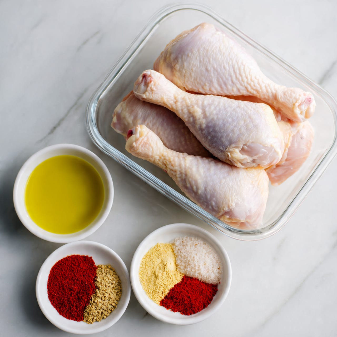 The image shows three raw chicken drumsticks stacked neatly in a clear container on a white marbled surface. Below the container, there are two small white bowls: the left bowl holds a light yellow oil, and the right bowl contains four separate spices arranged in small piles—light yellow powder, red powder, beige granules, and white granules. Photo taken with an iphone --ar 4:5 --v 7