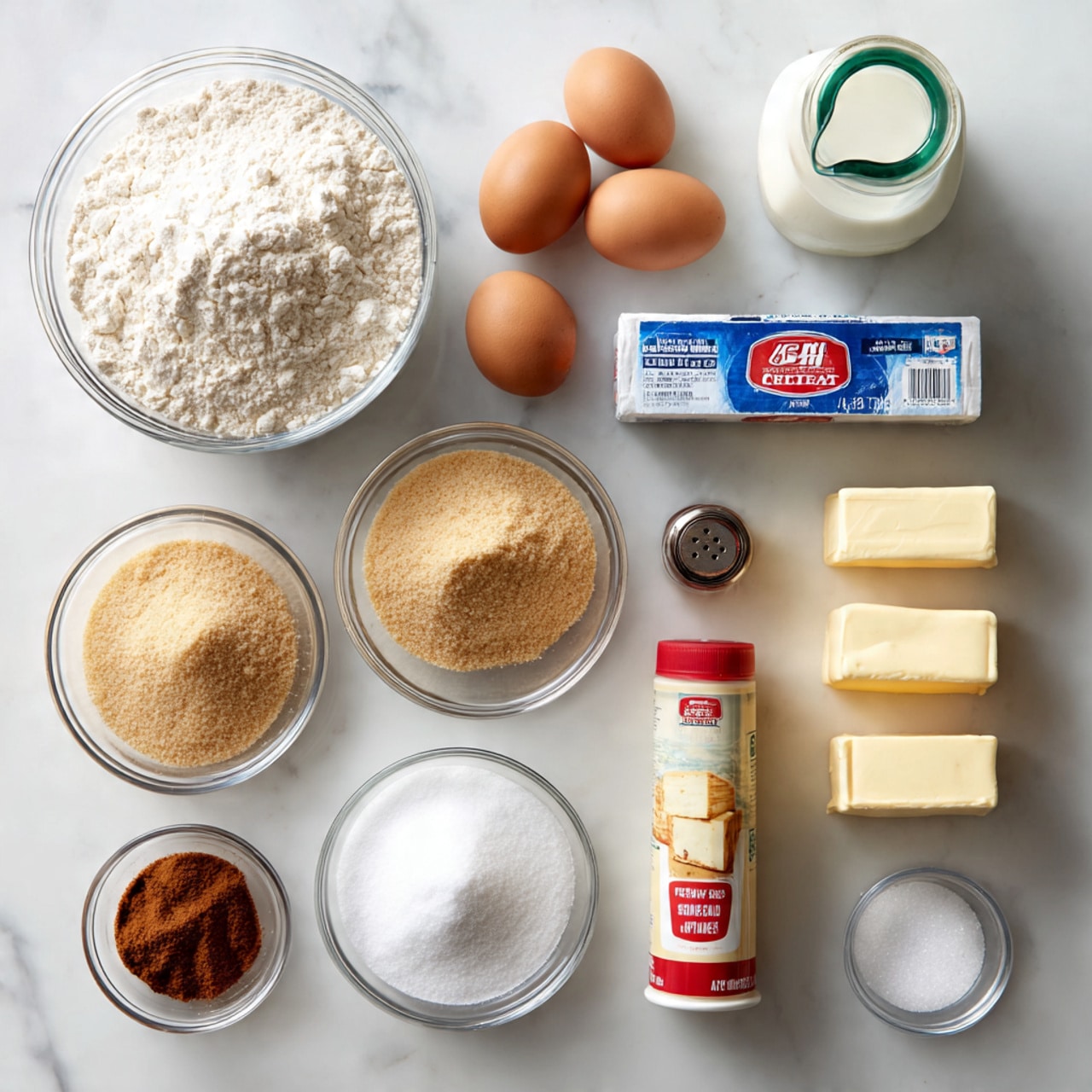 The image shows a top-down view of several baking ingredients neatly arranged on a white marbled surface. There is one large clear bowl filled with white flour with a slightly rough texture, and next to it are two medium clear bowls filled with light brown sugar and white powdered sugar, both having a fine grainy texture. Two brown eggs lie side by side on the surface, near a rectangular silver cream cheese package with blue and red lettering. A small cylindrical container of yellow cornstarch and a taller red and white container of baking powder stand upright. There are two pale yellow sticks of butter and one smaller butter cube, all placed near the upper right corner. A small glass of white liquid and a plastic gallon of buttermilk with a green cap are visible. There is also a brown bottle of vanilla extract, a small jar of ground cinnamon with a red lid, and a small salt shaker. The arrangement is in a neat grid-like pattern with soft natural light. photo taken with an iphone --ar 4:5 --v 7