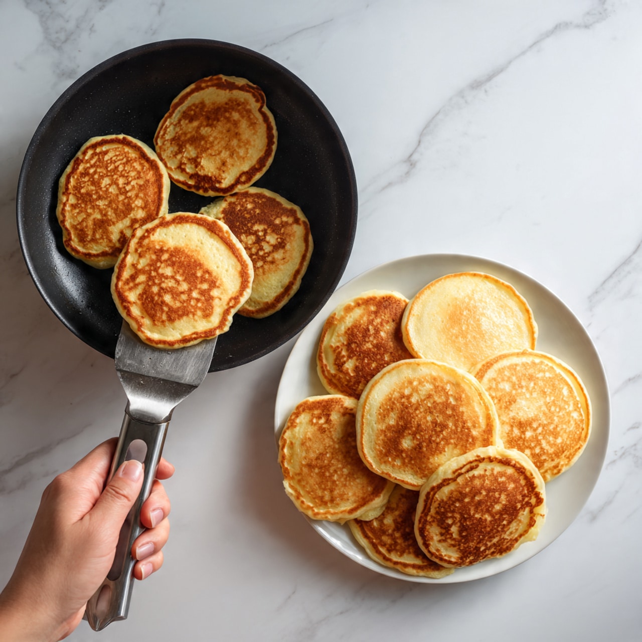The image shows a black frying pan with four golden brown pancakes cooking on a stovetop with a white marbled surface. A woman's hand is holding a spatula, lifting one pancake gently. Below this, there is a white plate filled with many golden brown, round pancakes stacked unevenly. The pancakes have a slightly rough texture and small air bubbles, indicating fluffiness. photo taken with an iphone --ar 4:5 --v 7