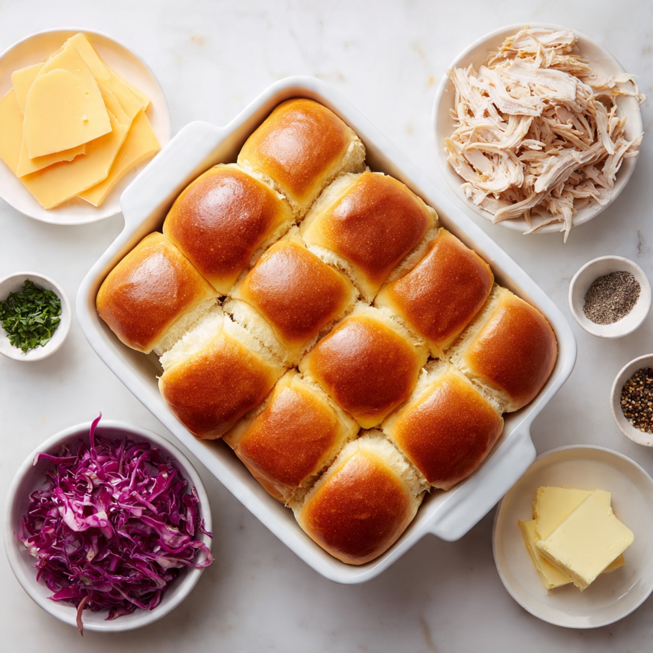 The image shows a white rectangular dish filled with nine soft, golden-brown slider buns arranged in three rows of three. Around the dish, on a white marbled surface, there are four small white bowls. The top left bowl has several slices of pale yellow cheese neatly stacked. The top right bowl contains shredded white and light brown cooked chicken pieces. The bottom left bowl is filled with bright purple finely chopped cabbage or slaw. There is also a small bowl with black pepper and another small bowl with a slab of butter near the buns. The setup is clean and bright, with natural light highlighting the colors and textures. Photo taken with an iphone --ar 4:5 --v 7