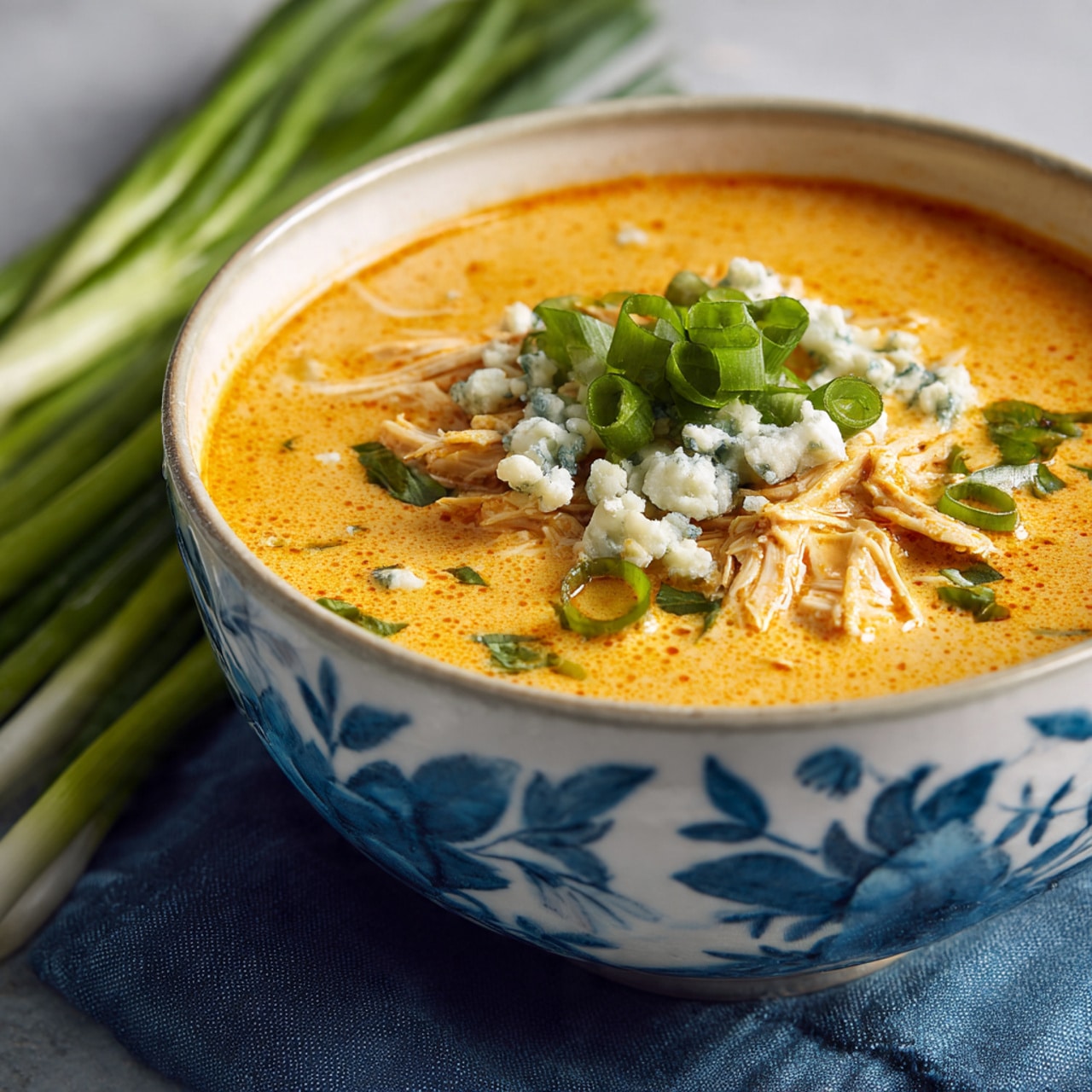 A white bowl with blue floral patterns is filled with orange creamy soup that has visible strands of shredded chicken and some herbs mixed inside. On top, there is a small pile of chopped green onions and crumbled blue cheese, adding bright green and white colors with a bit of texture contrast. The bowl rests on a dark blue cloth, and fresh green onions with leafy stems are blurred in the light-toned background. The whole image is bright and clear. photo taken with an iphone --ar 4:5 --v 7
